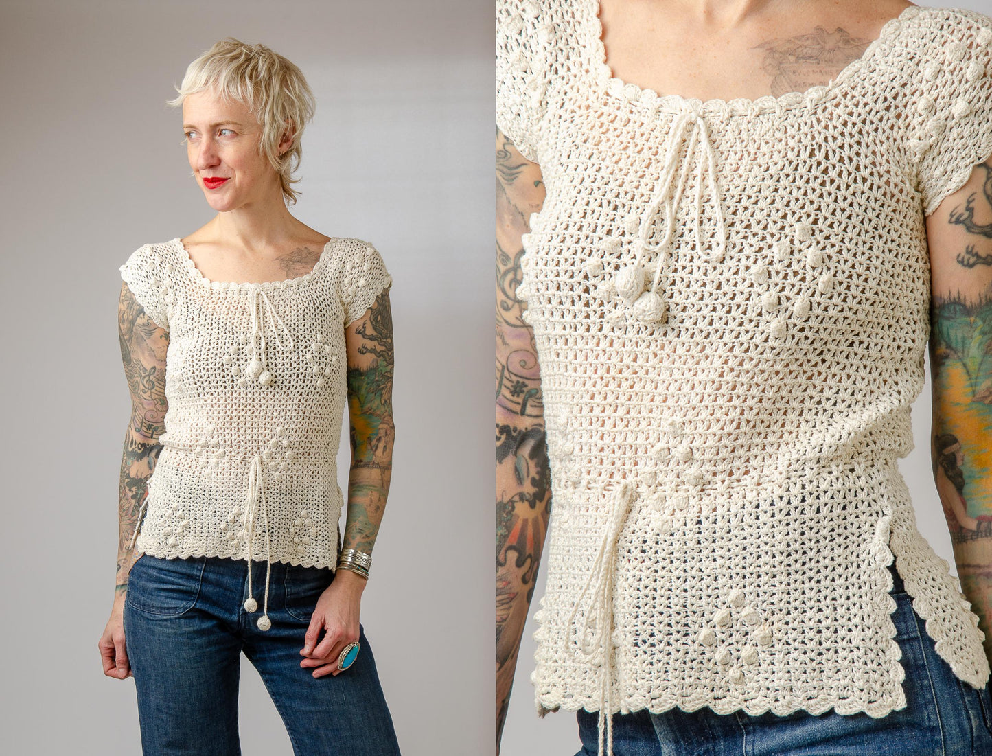 1970s Crochet Blouse Bobble Tie Cap Sleeve Belted Blouse