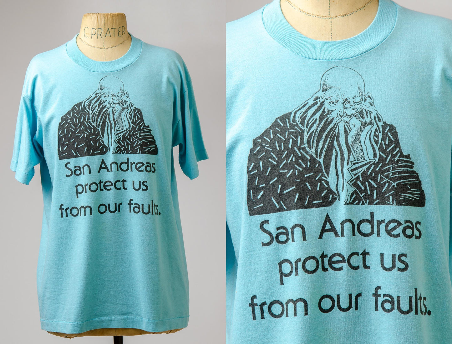 1980s San Andreas Protect Us From Our Faults Punny Earthquake T Shirt