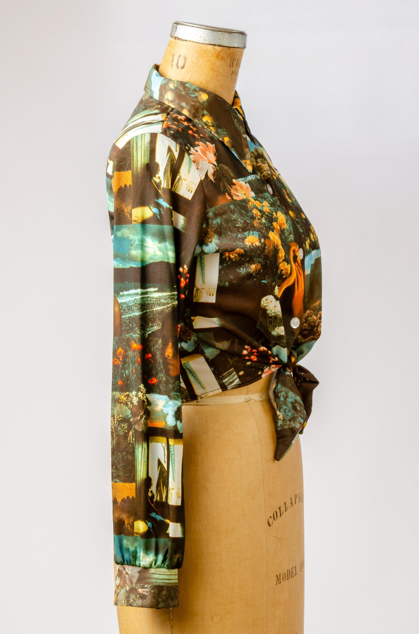 1970s Picture Print Hippie Life All Over Print Novelty Button Crop Shirt