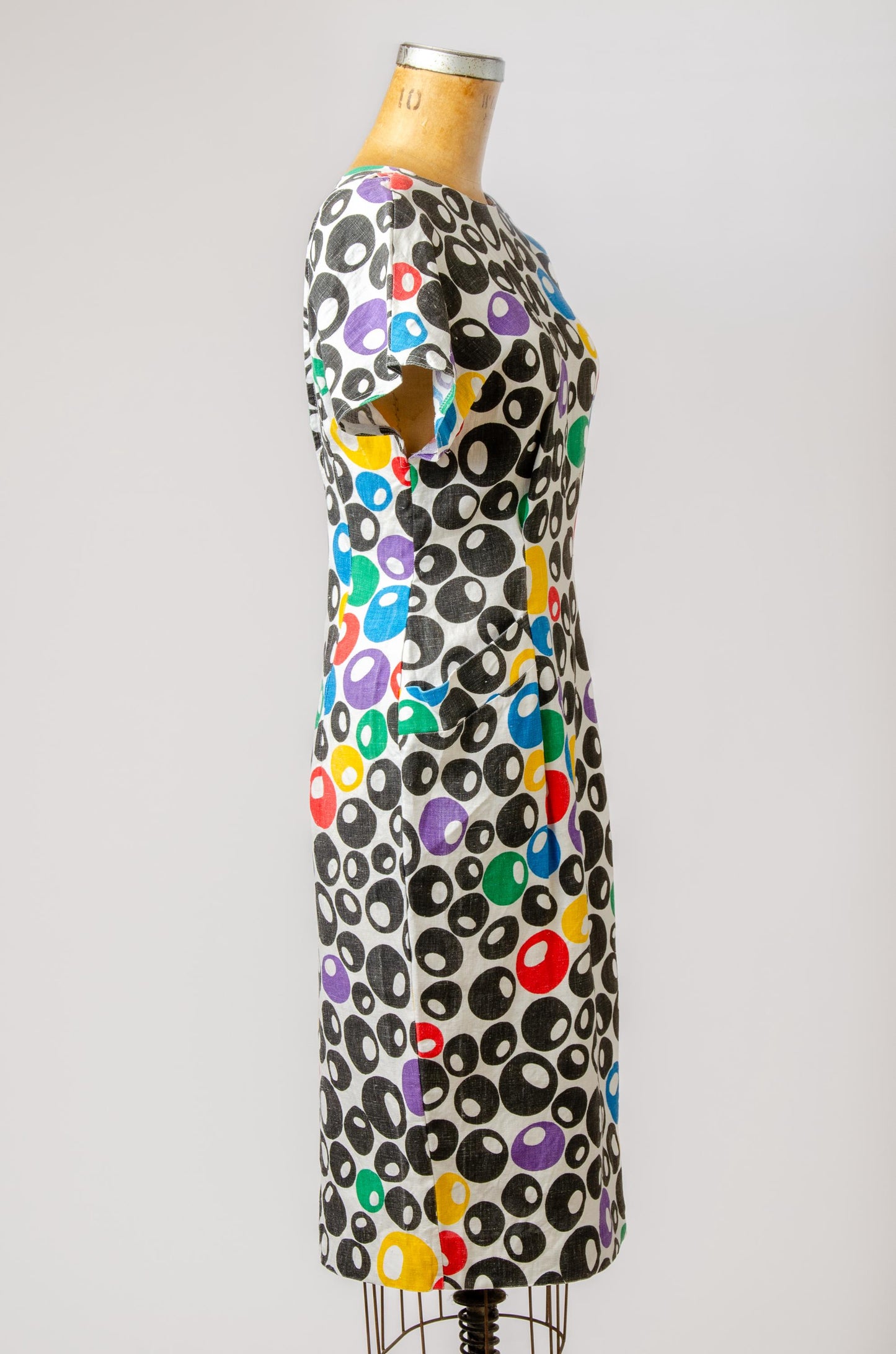 1980s Olive Print Dress Linen Open Back Avant Garde Dress