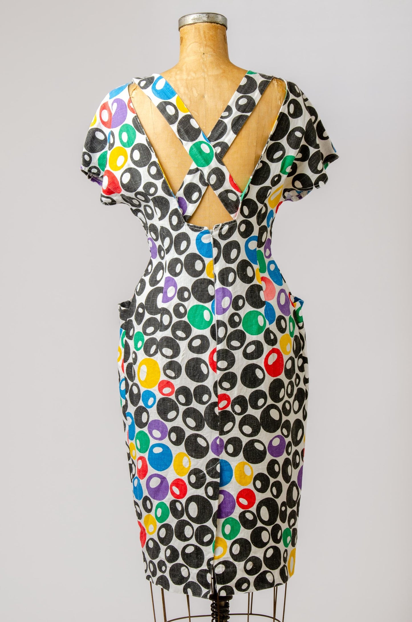 1980s Olive Print Dress Linen Open Back Avant Garde Dress