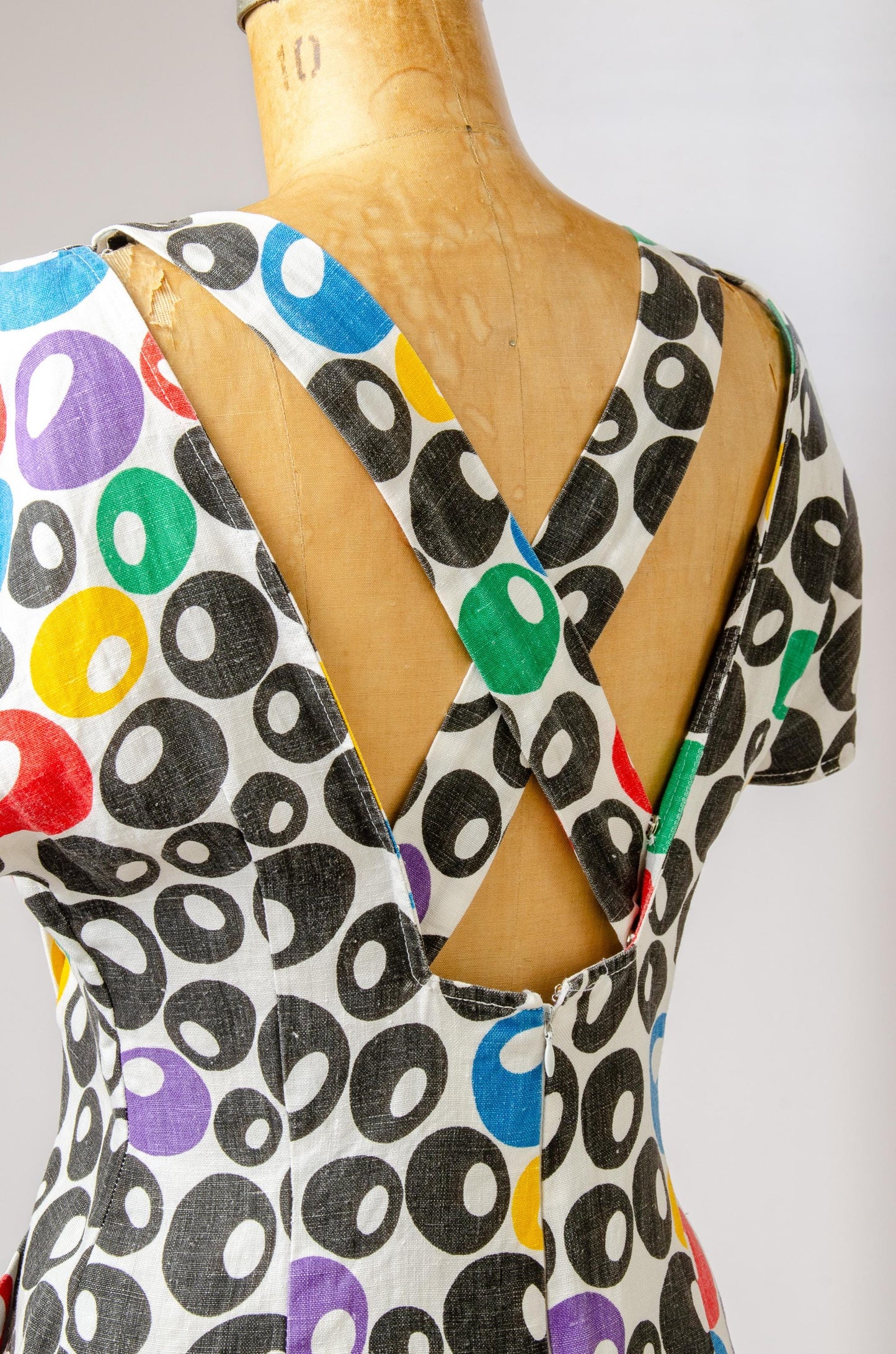 1980s Olive Print Dress Linen Open Back Avant Garde Dress