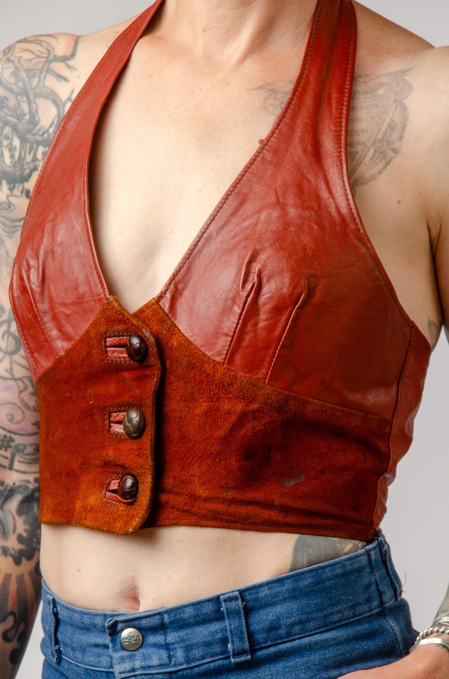 1970s Leather Halter Top Brown Biker Hippie Top