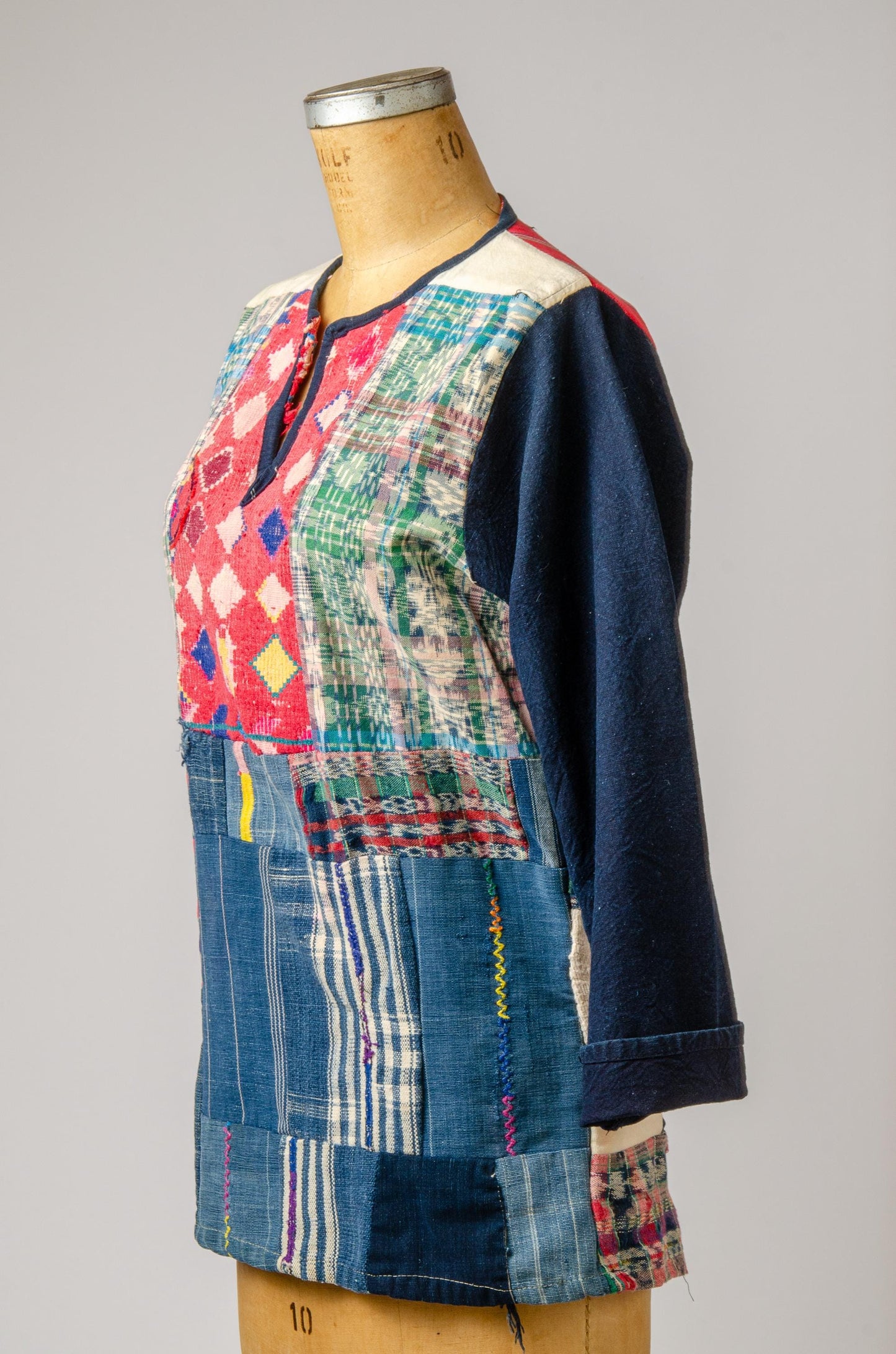 1960s Patchwork Indigo Denim Guatemalan Embroidery Folk Shirt