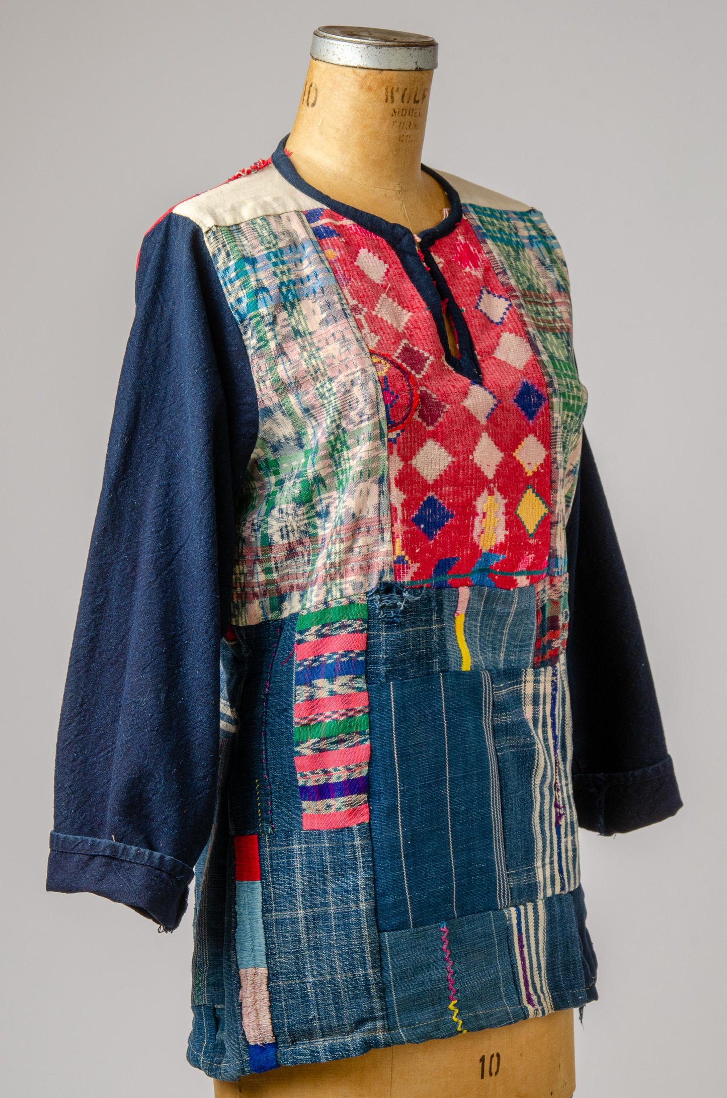 1960s Patchwork Indigo Denim Guatemalan Embroidery Folk Shirt