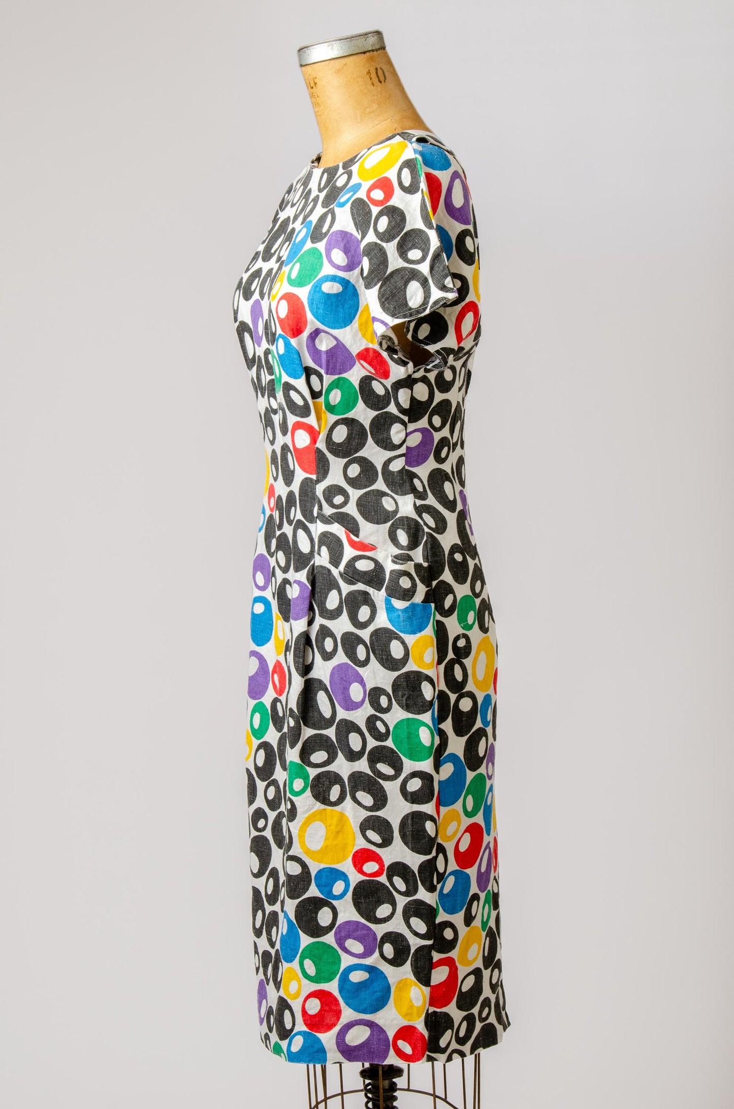 1980s Olive Print Dress Linen Open Back Avant Garde Dress
