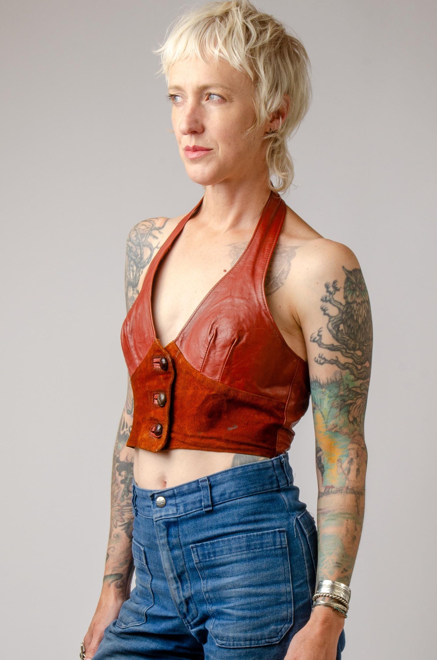 1970s Leather Halter Top Brown Biker Hippie Top
