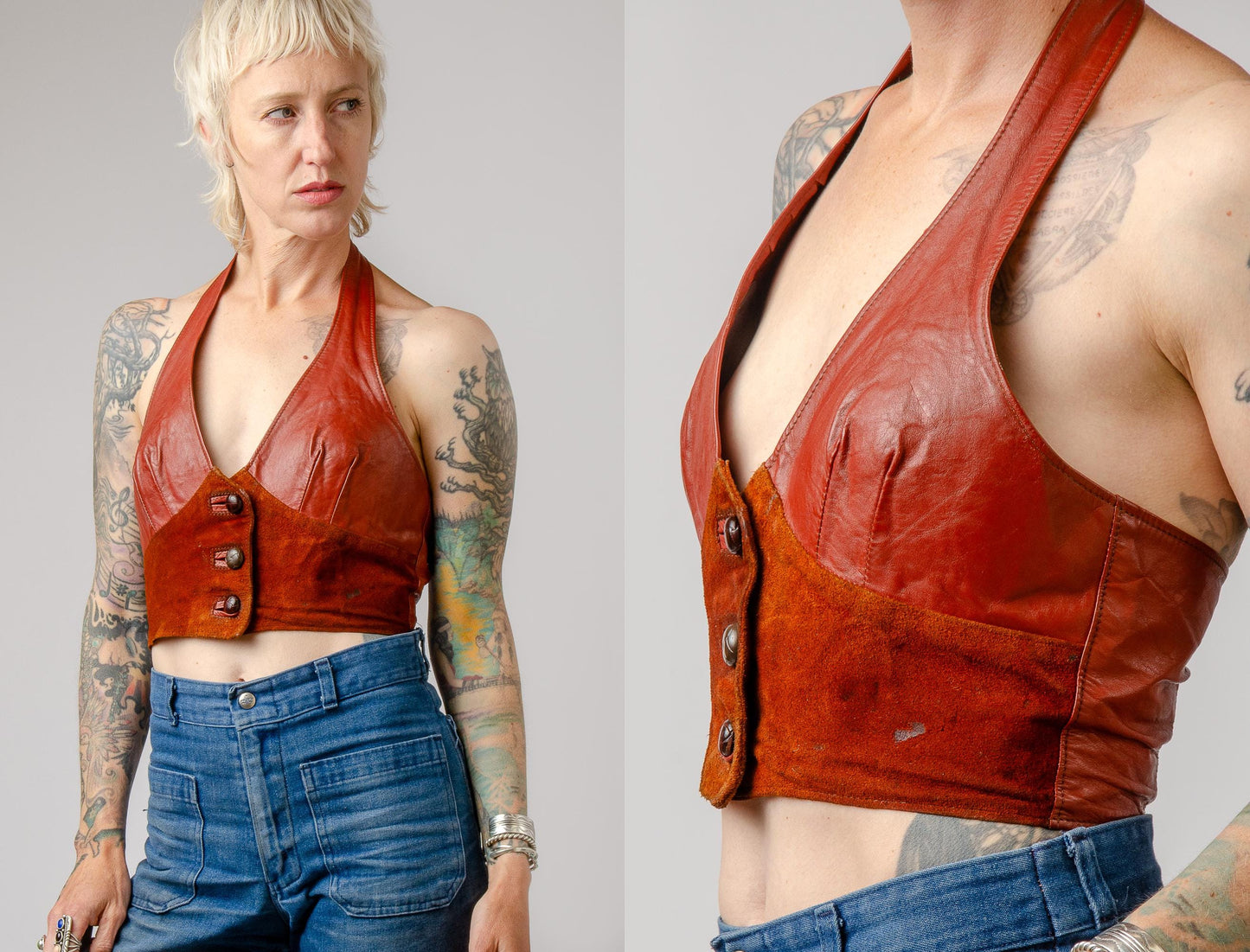 1970s Leather Halter Top Brown Biker Hippie Top