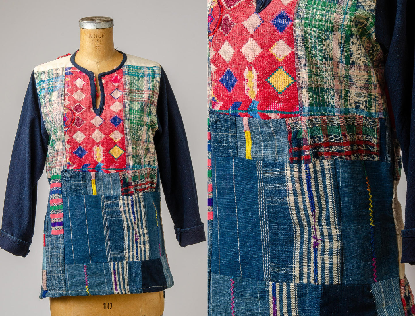1960s Patchwork Indigo Denim Guatemalan Embroidery Folk Shirt