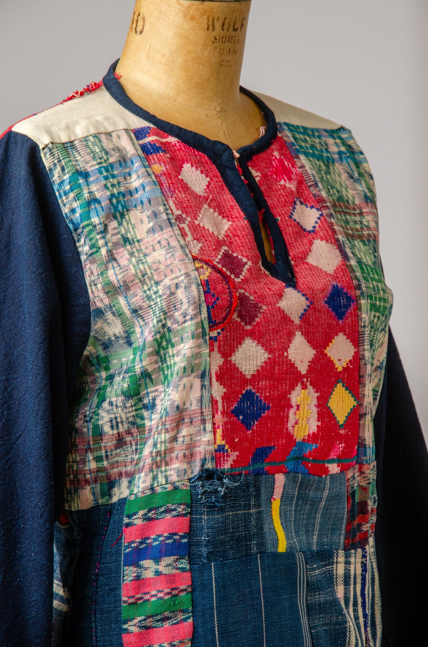 1960s Patchwork Indigo Denim Guatemalan Embroidery Folk Shirt