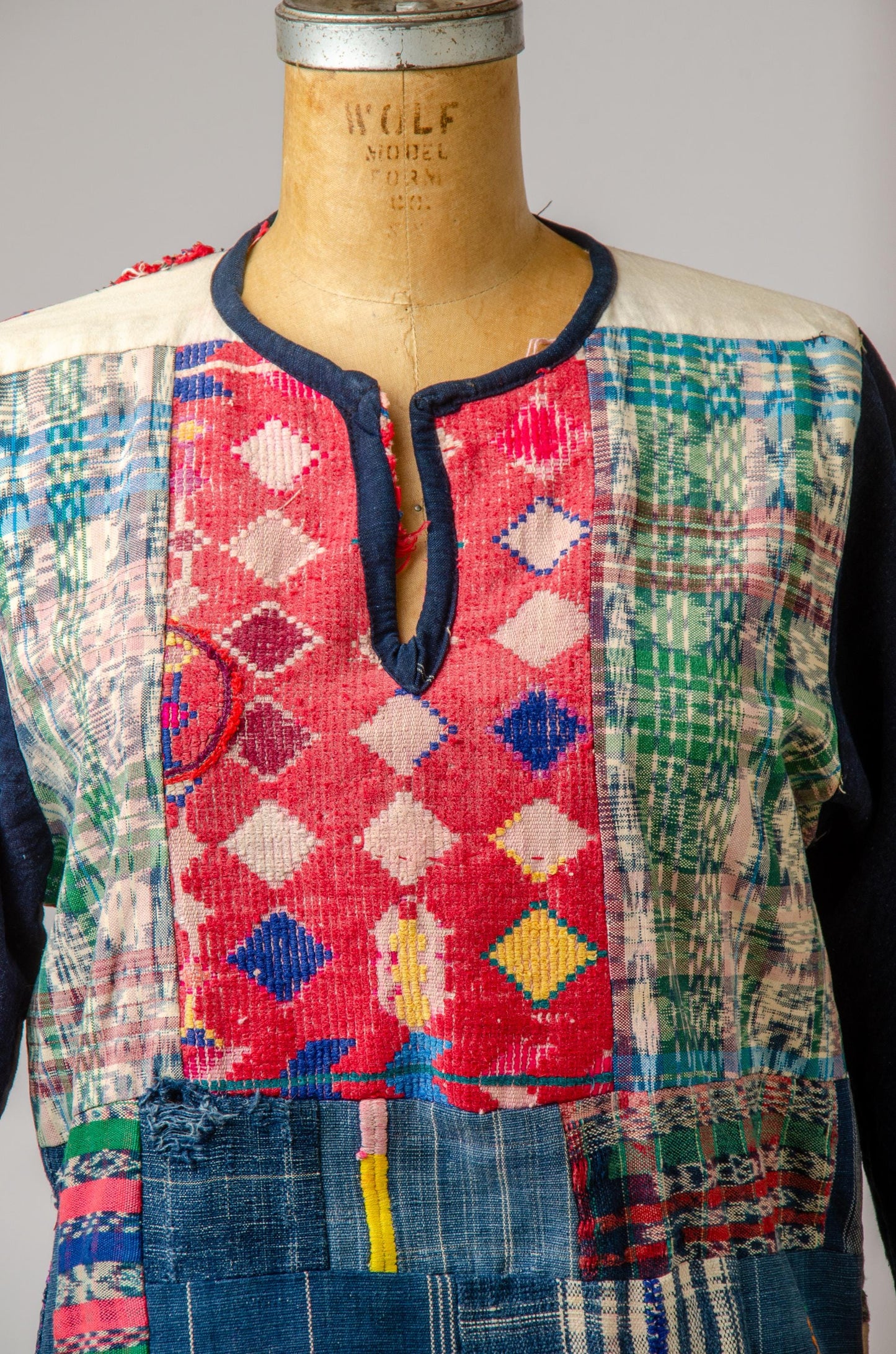 1960s Patchwork Indigo Denim Guatemalan Embroidery Folk Shirt