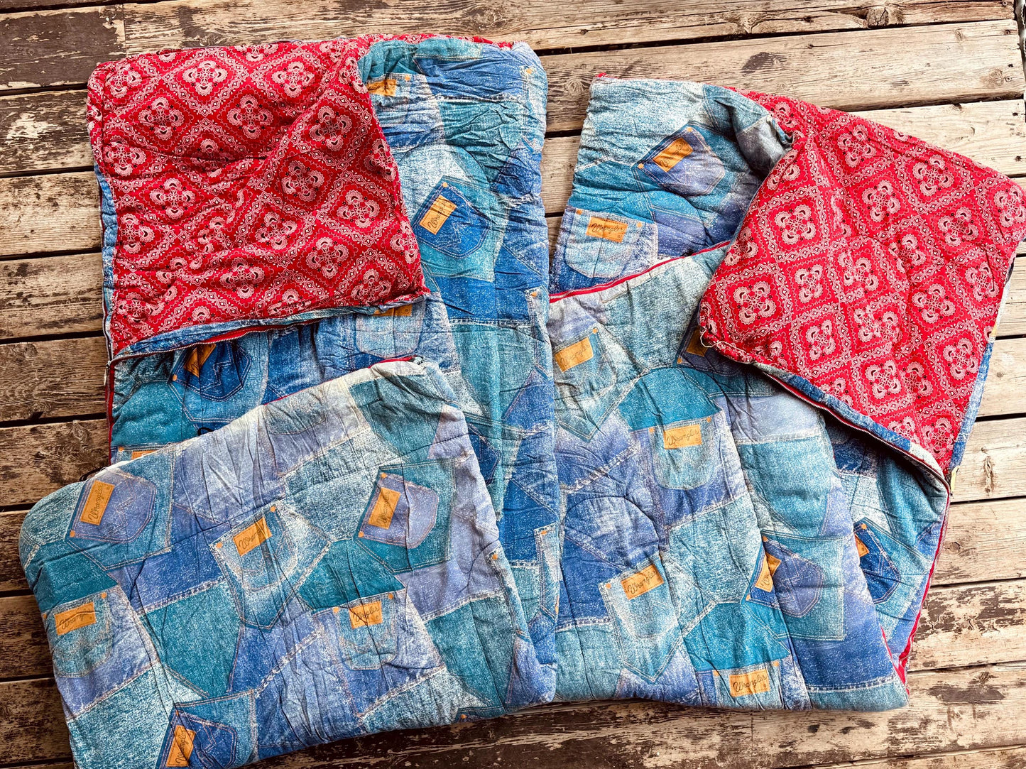 Pair of 1970s Wrangler Sleeping Bags Bandana Lined Cotton Camping Bags