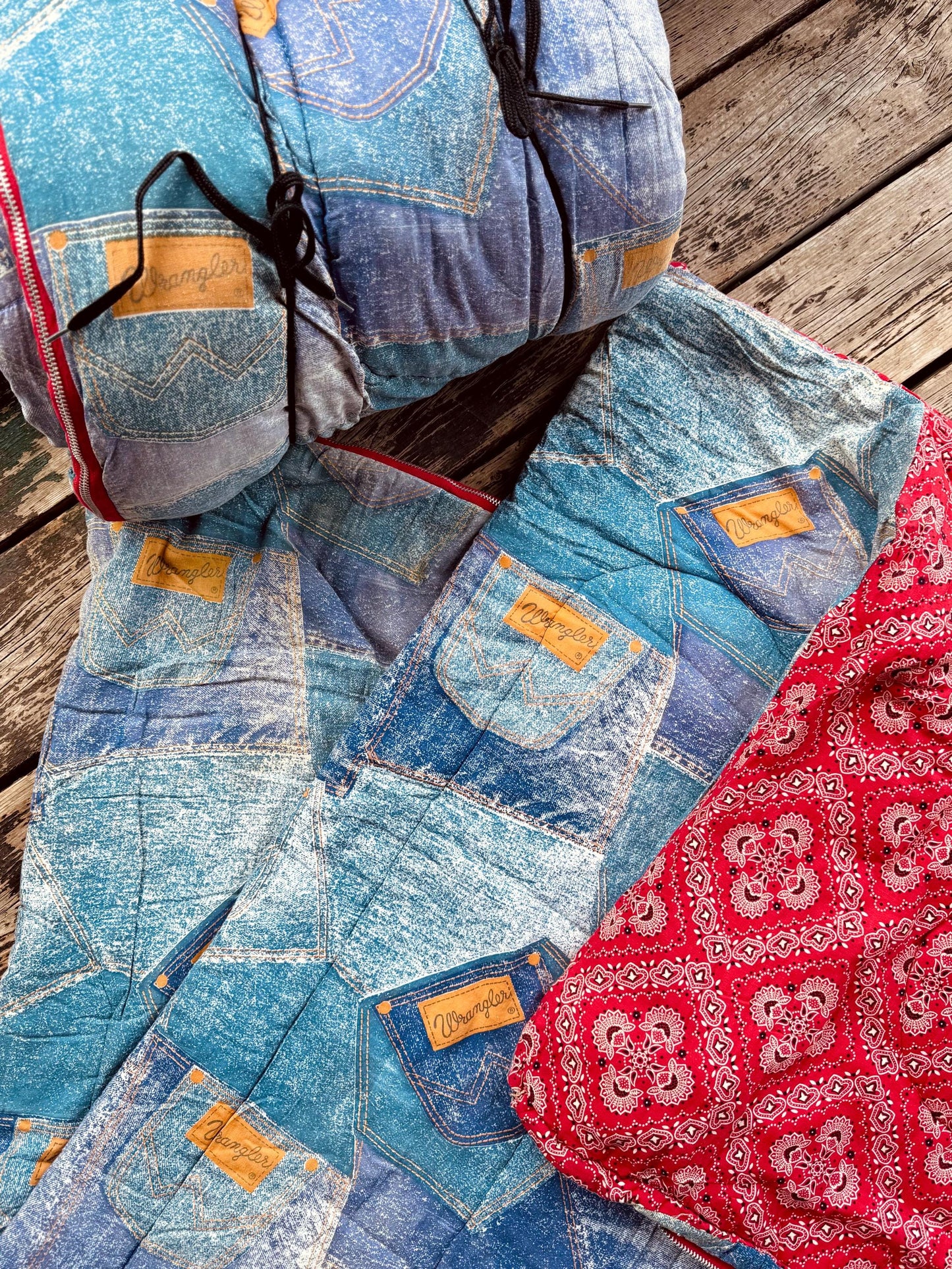 Pair of 1970s Wrangler Sleeping Bags Bandana Lined Cotton Camping Bags
