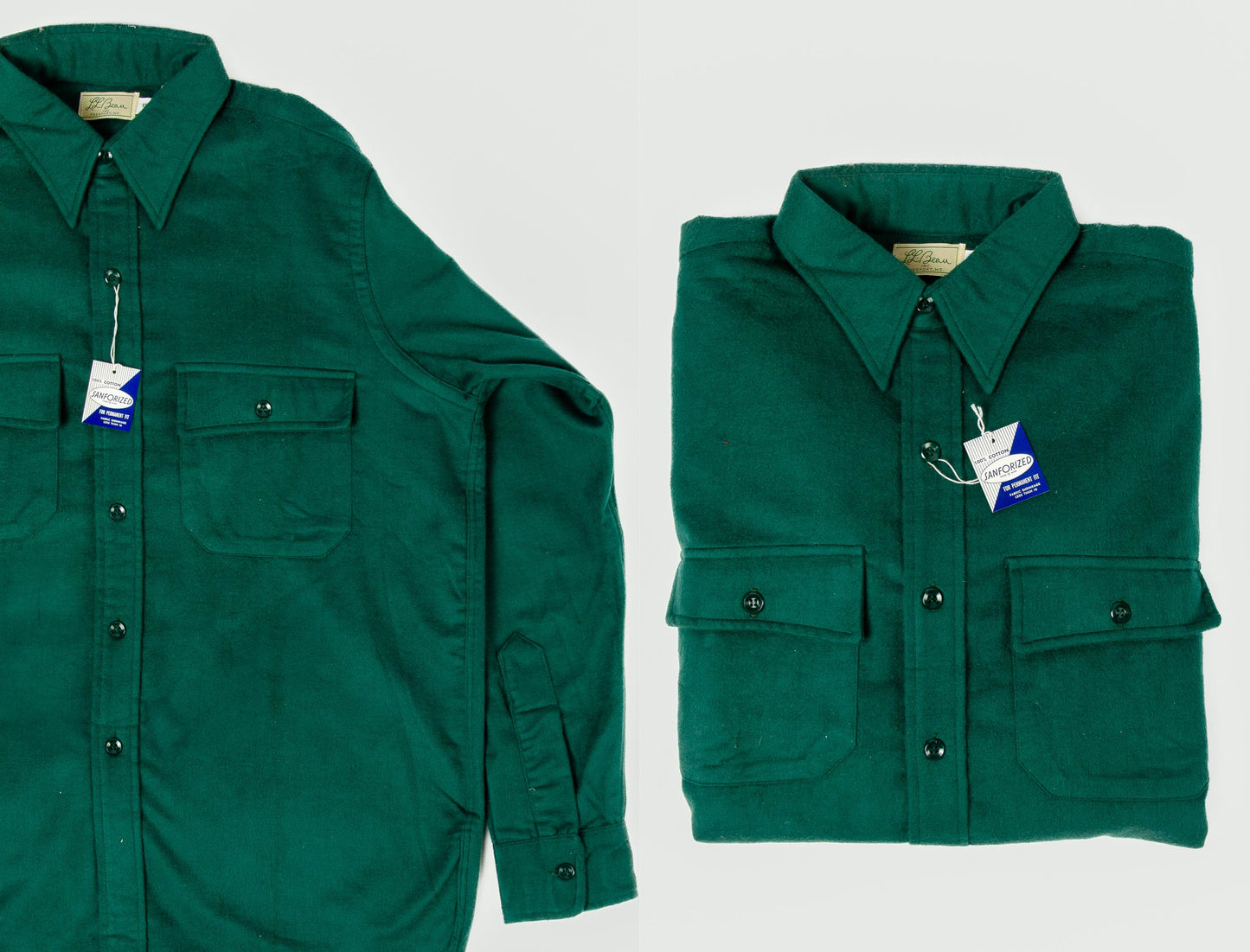 1950s Deadstock LL Bean Cursive Label Green Cotton Flannel Chamois Button Down
