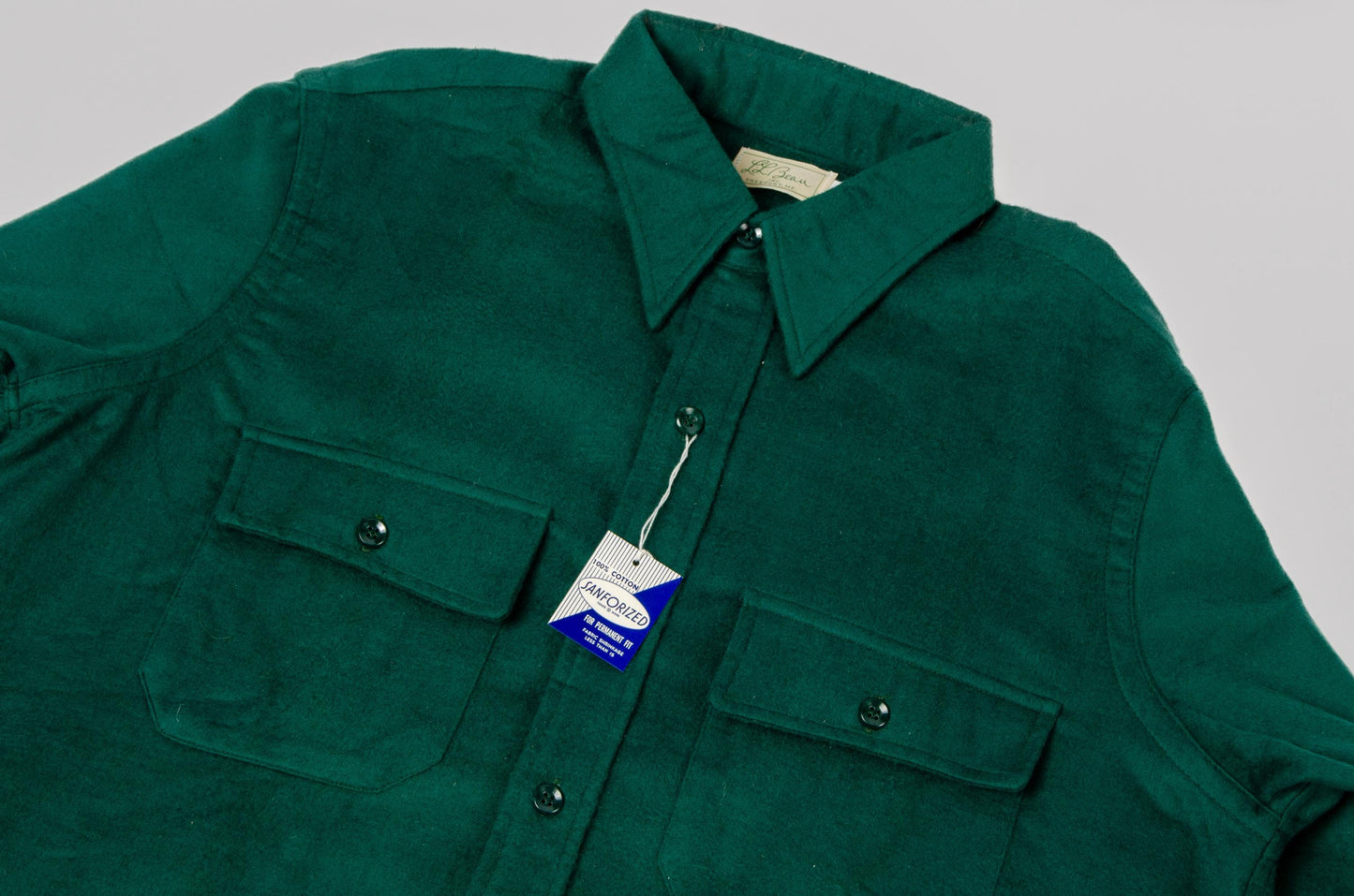1950s Deadstock LL Bean Cursive Label Green Cotton Flannel Chamois Button Down