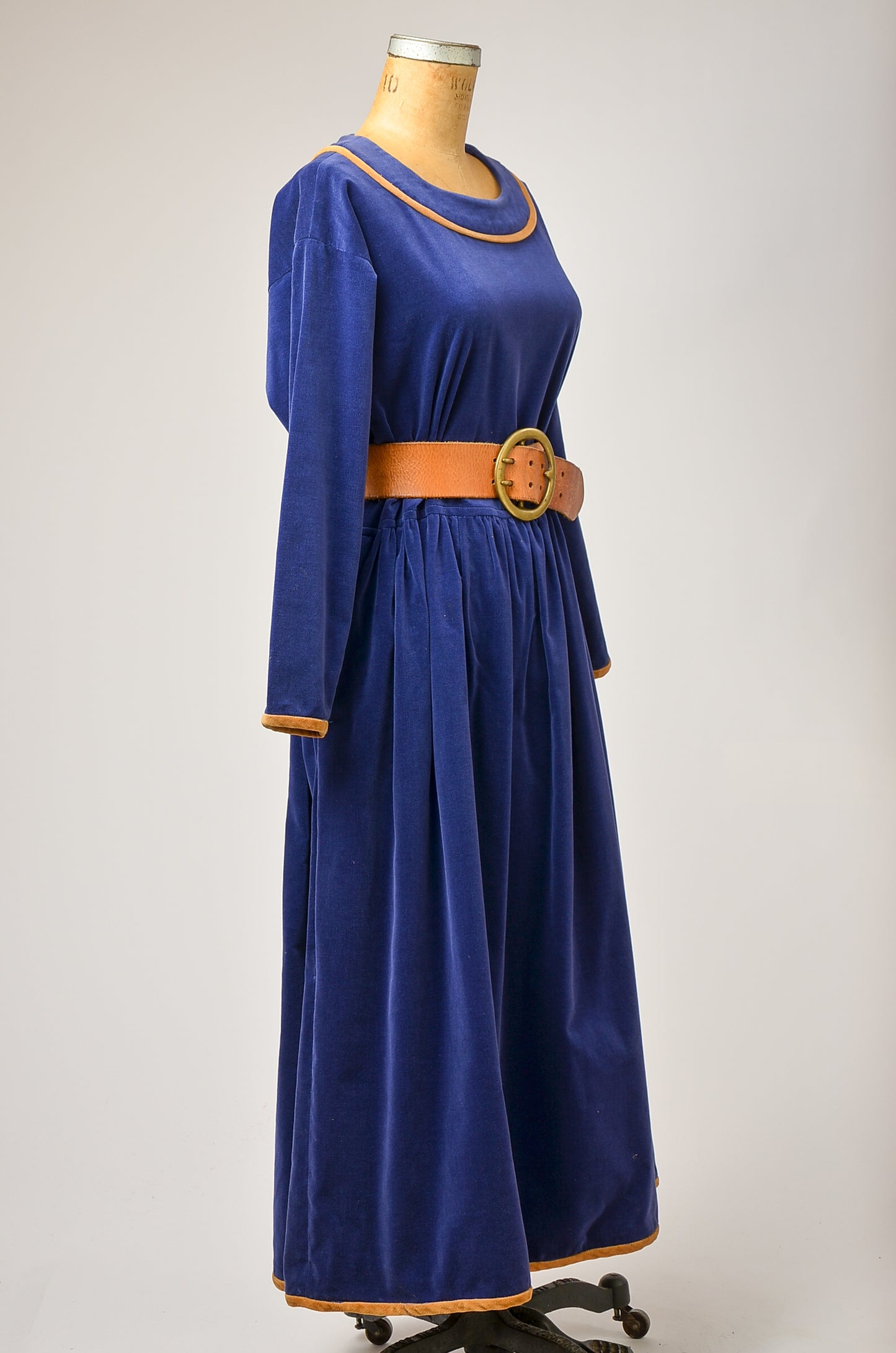 1970s Avant Garde Dress White Duck San Fransisco Blue and Gold Velvet Full Length Dress