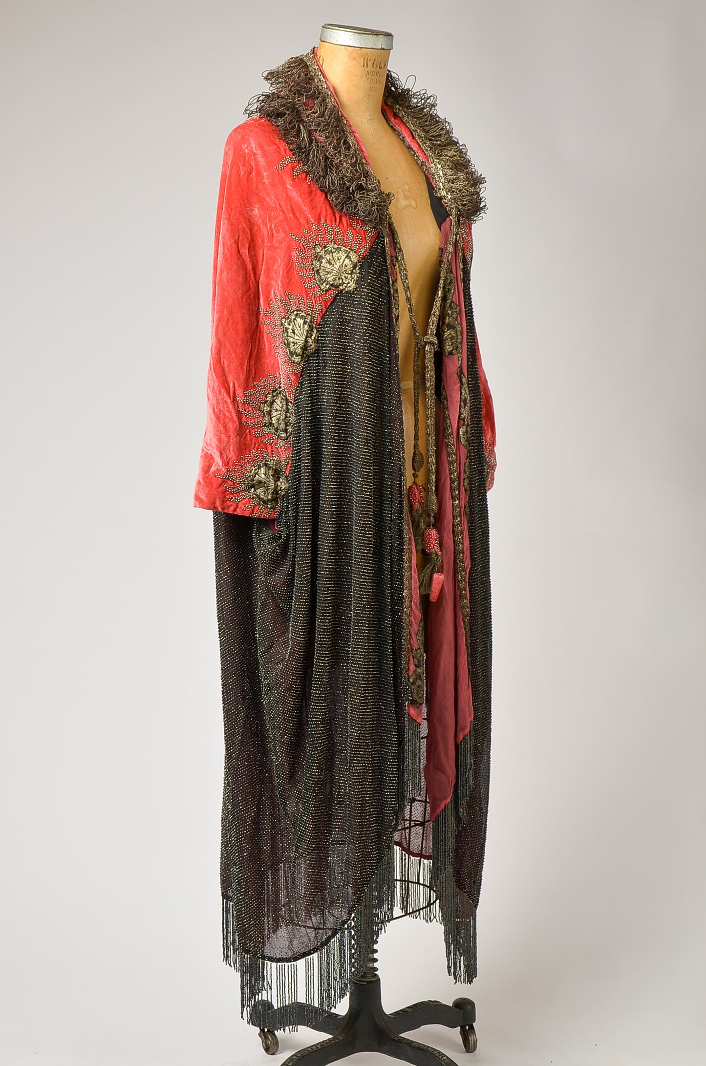 1920s Silk Velvet Opera Coat Heavily Beaded with Gold Embroidery Bohemian Flapper Coat