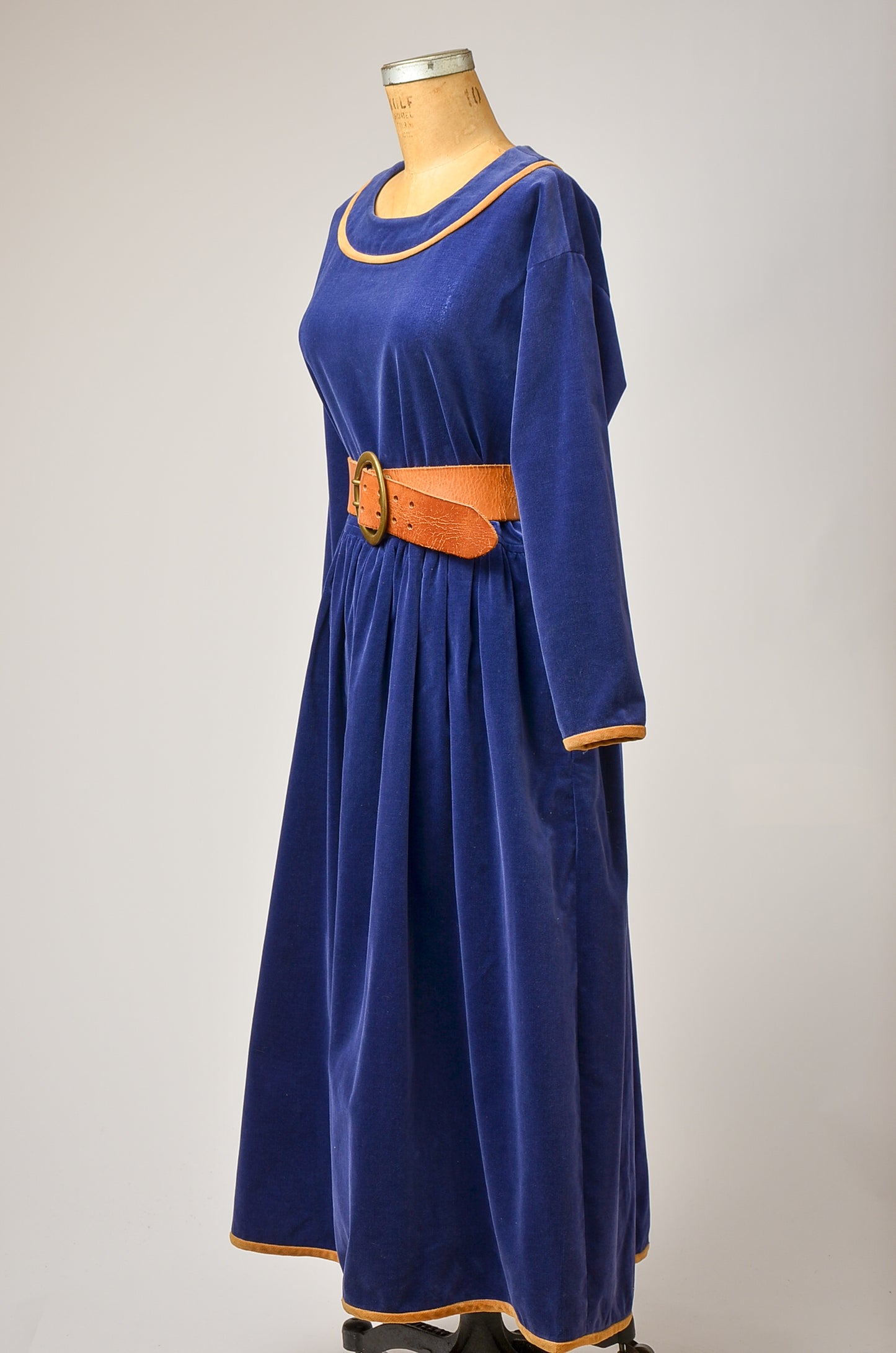 1970s Avant Garde Dress White Duck San Fransisco Blue and Gold Velvet Full Length Dress