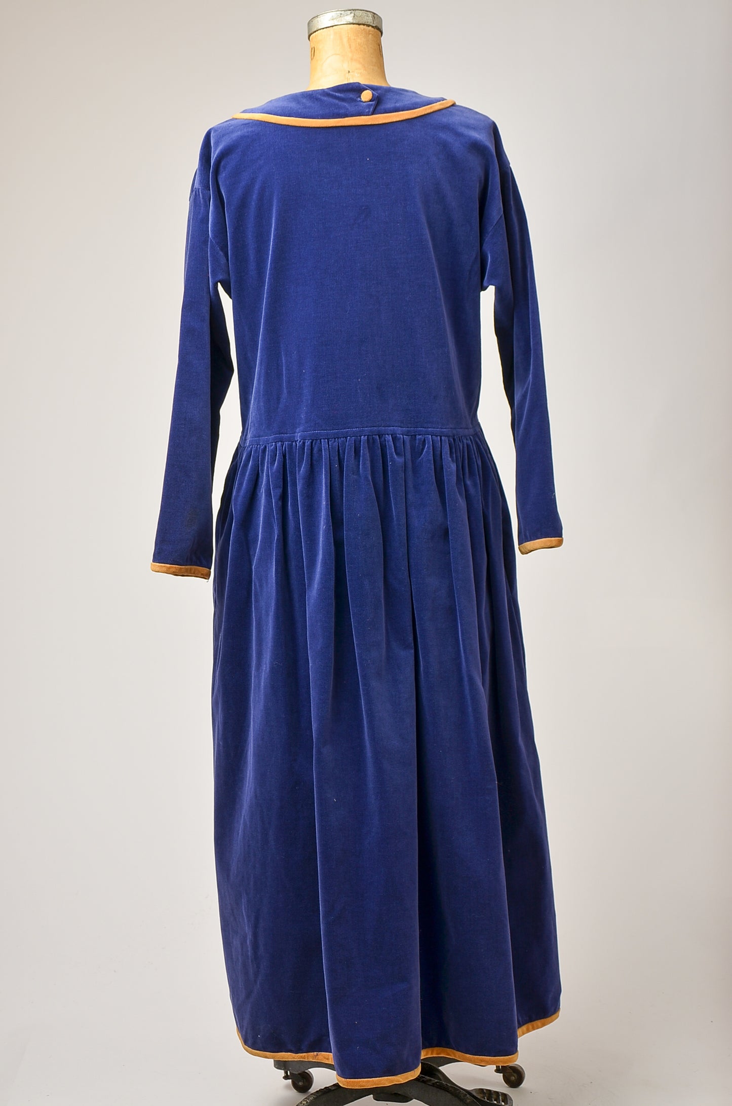 1970s Avant Garde Dress White Duck San Fransisco Blue and Gold Velvet Full Length Dress