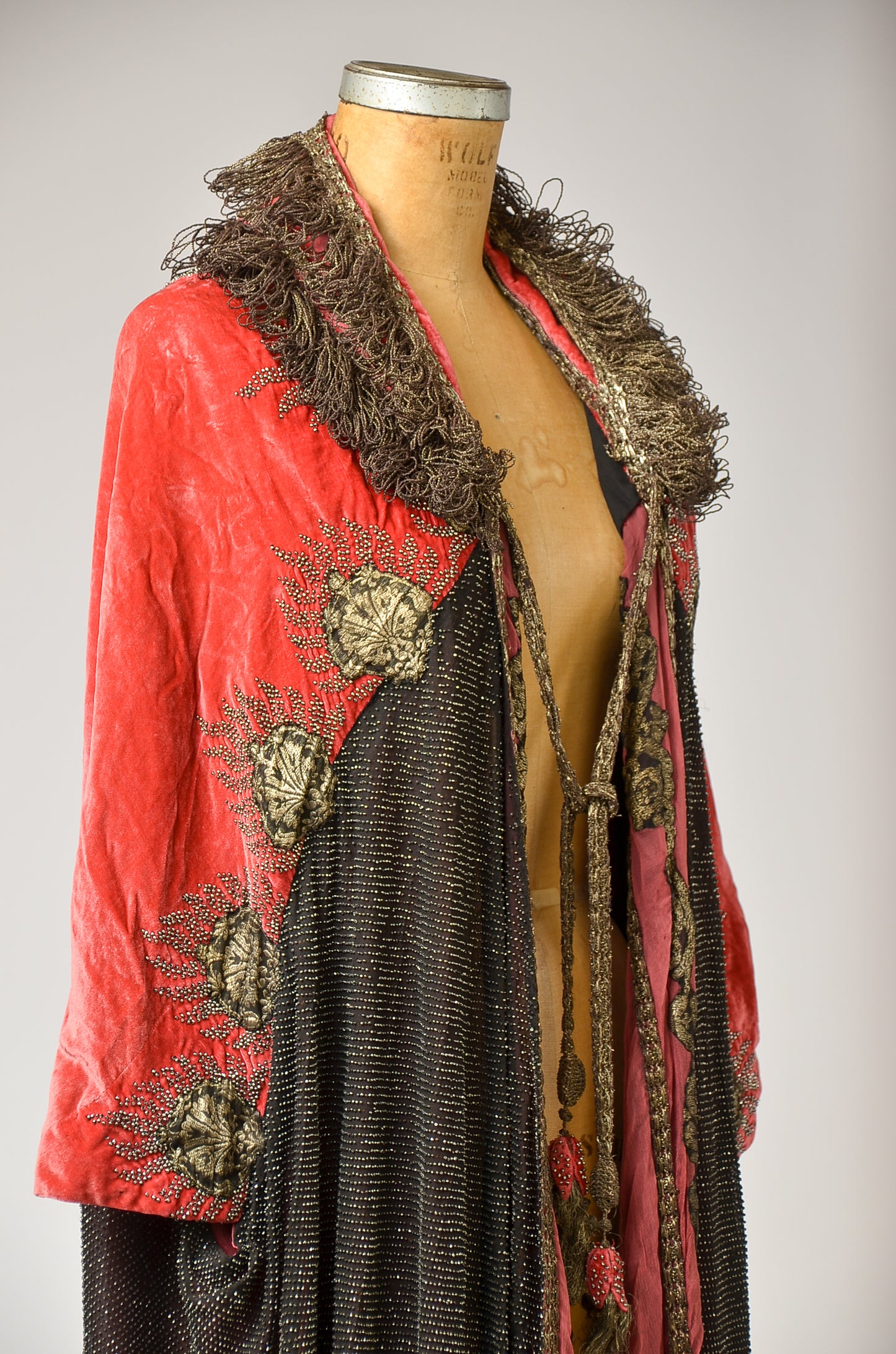 1920s Silk Velvet Opera Coat Heavily Beaded with Gold Embroidery Bohemian Flapper Coat