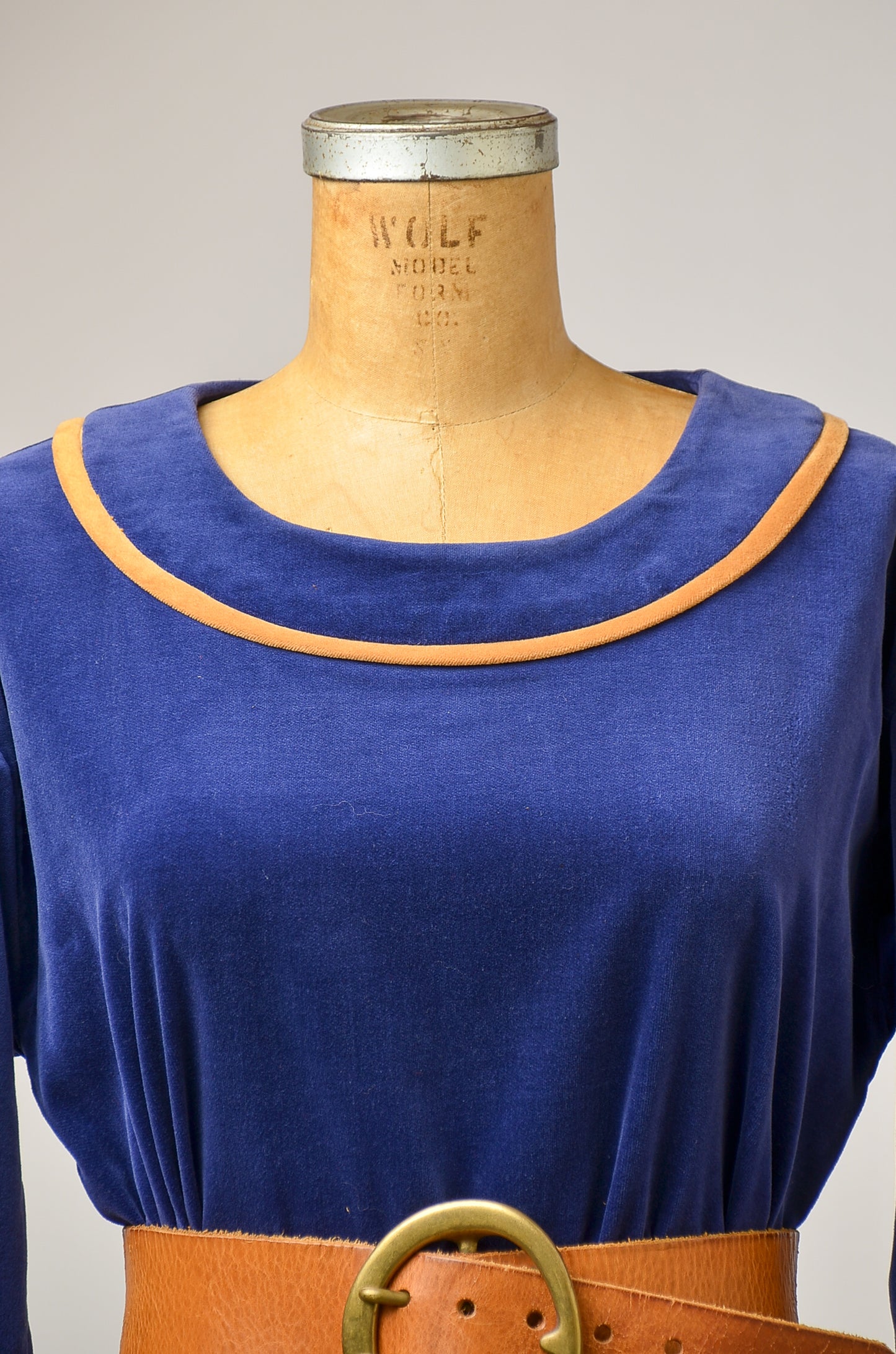 1970s Avant Garde Dress White Duck San Fransisco Blue and Gold Velvet Full Length Dress