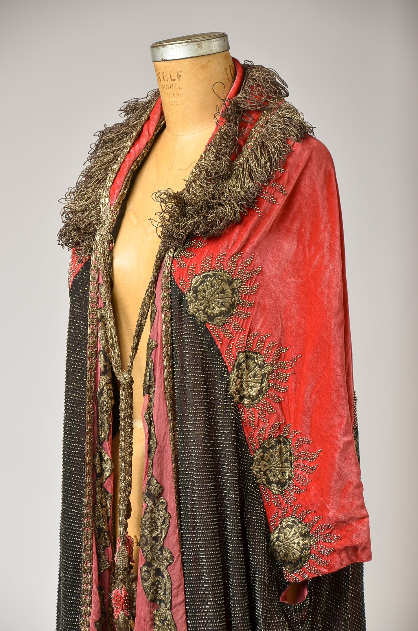 1920s Silk Velvet Opera Coat Heavily Beaded with Gold Embroidery Bohemian Flapper Coat