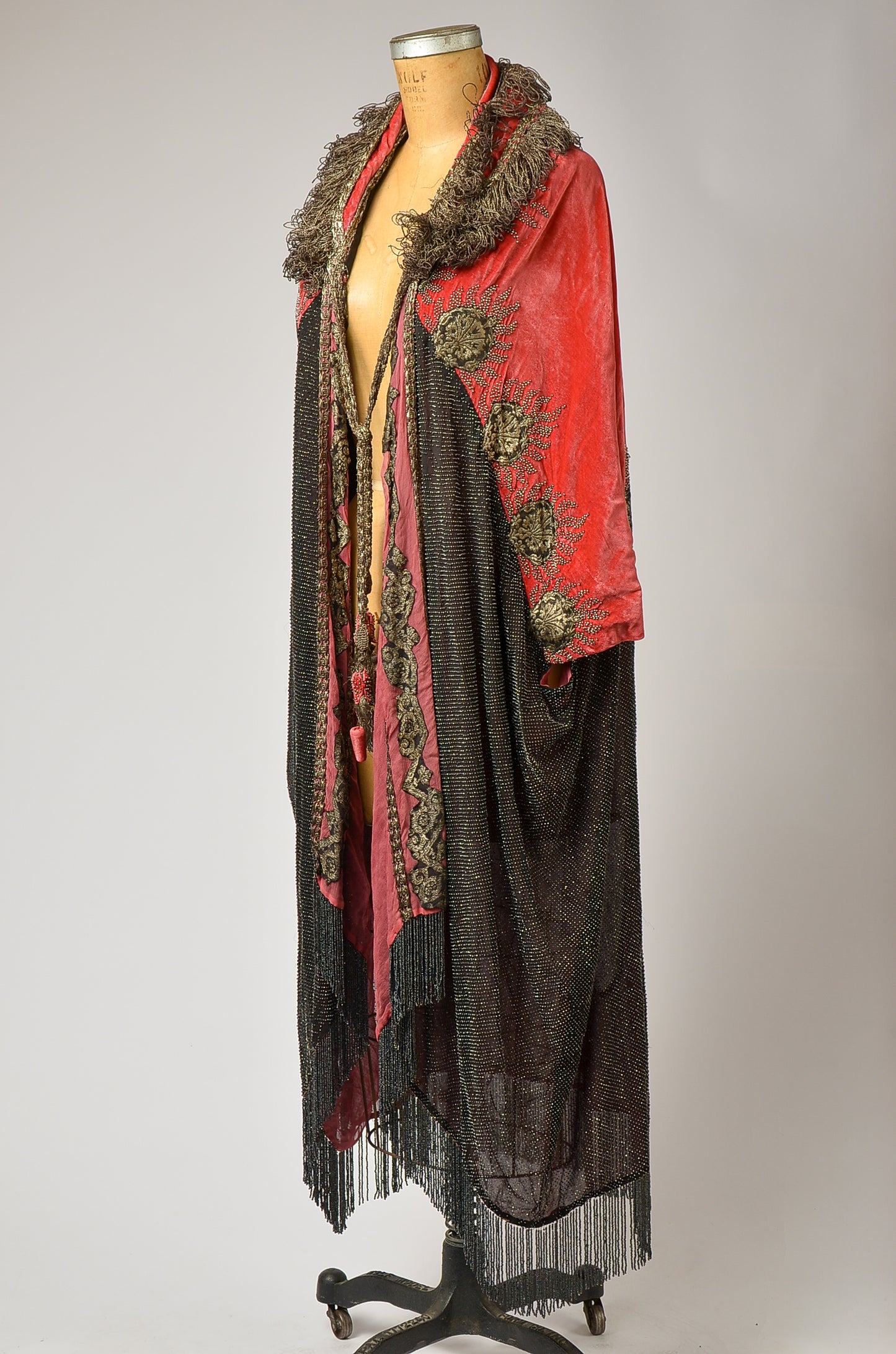 1920s Silk Velvet Opera Coat Heavily Beaded with Gold Embroidery Bohemian Flapper Coat