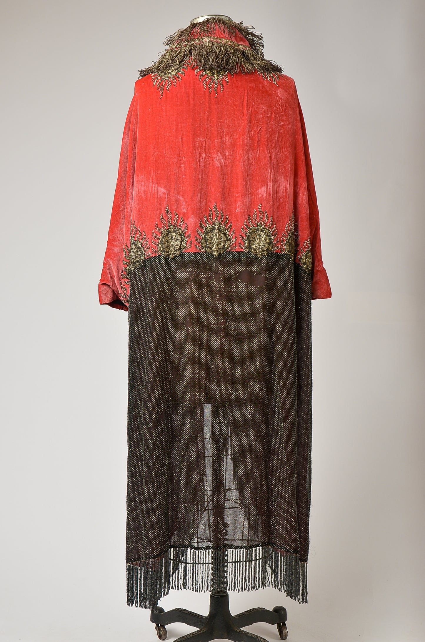 1920s Silk Velvet Opera Coat Heavily Beaded with Gold Embroidery Bohemian Flapper Coat