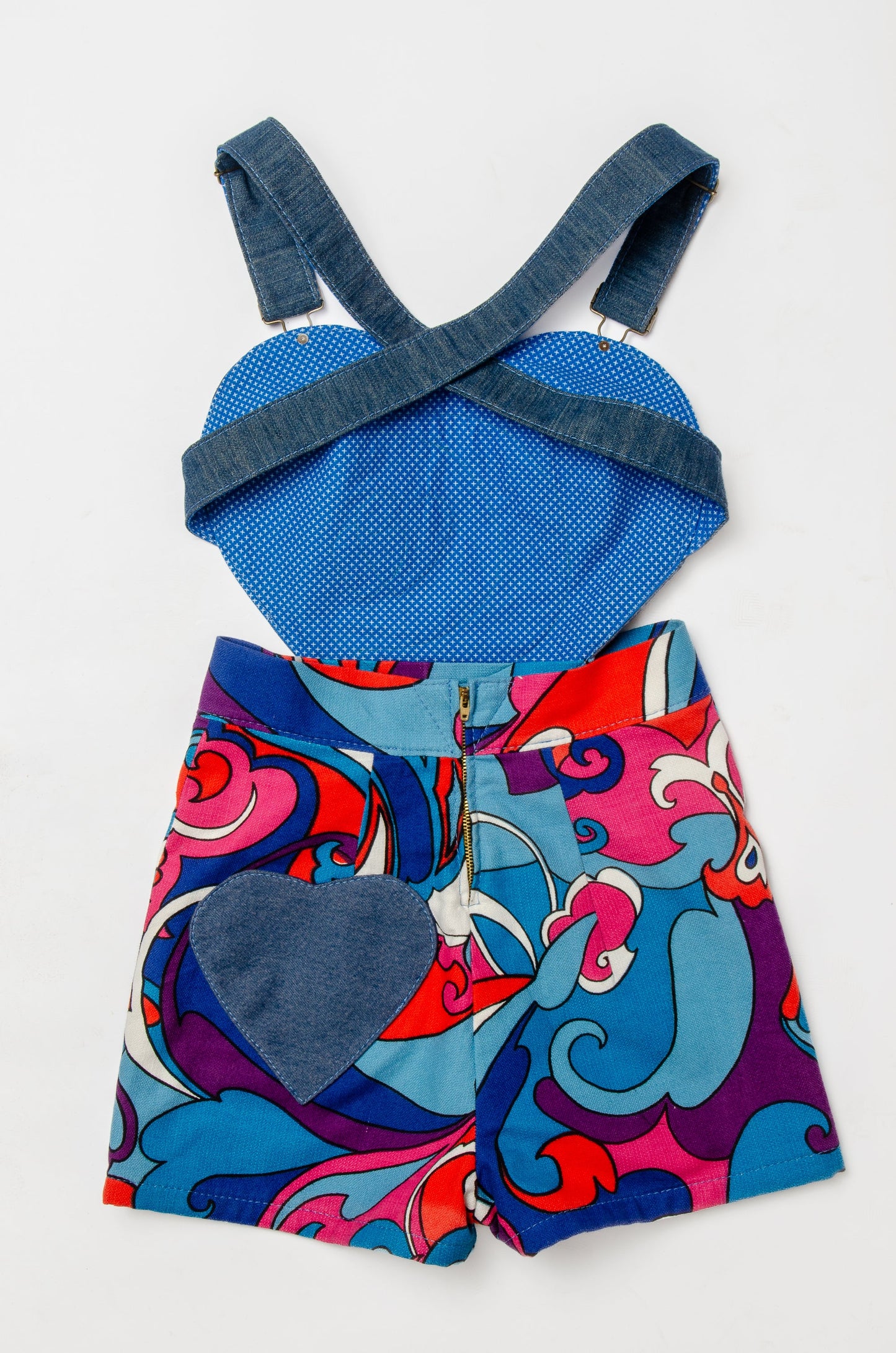 Psychedelic Sweetheart Patchwork Vintage Denim Short Jumpsuit