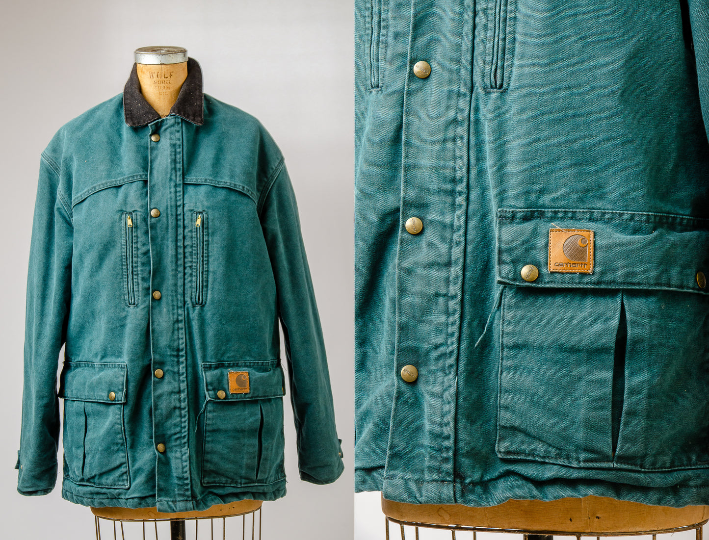 1980s Carhartt Chore Coat Green Heavy Denim Lined Duster Jacket