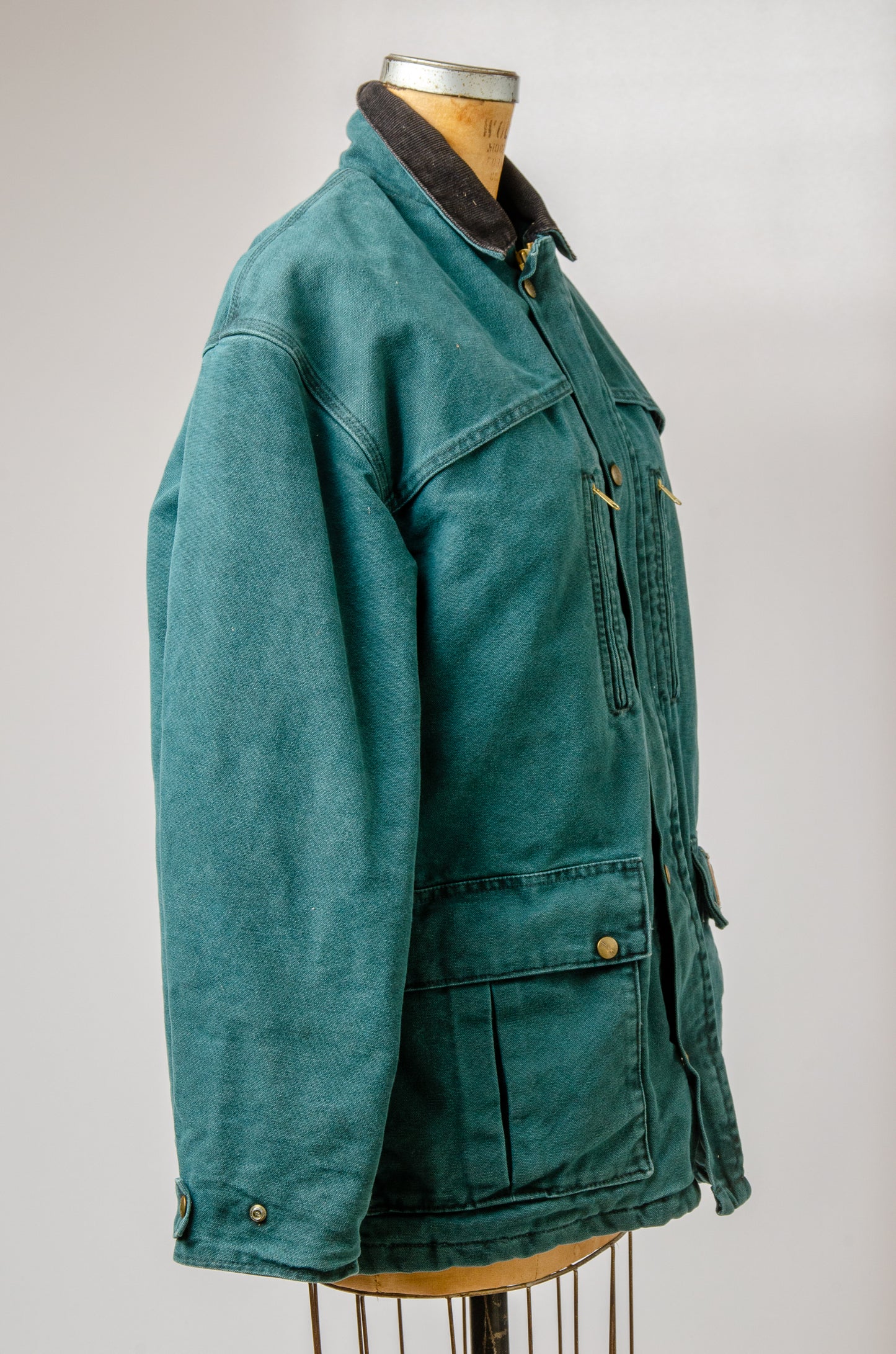 1980s Carhartt Chore Coat Green Heavy Denim Lined Duster Jacket