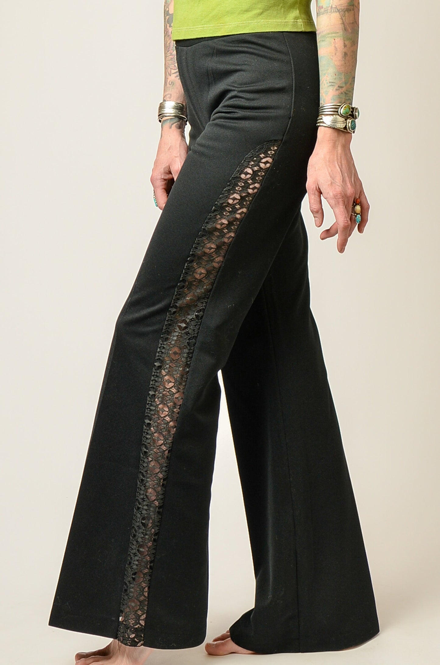 1970s Disco Pants Sheer Lace Bell Bottom High Waisted Glam Pants