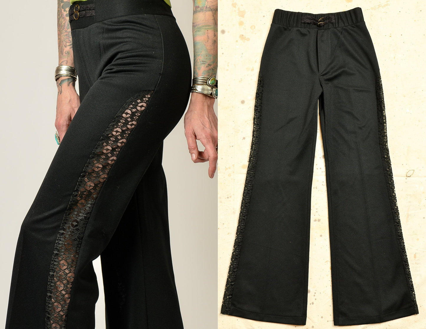 1970s Disco Pants Sheer Lace Bell Bottom High Waisted Glam Pants