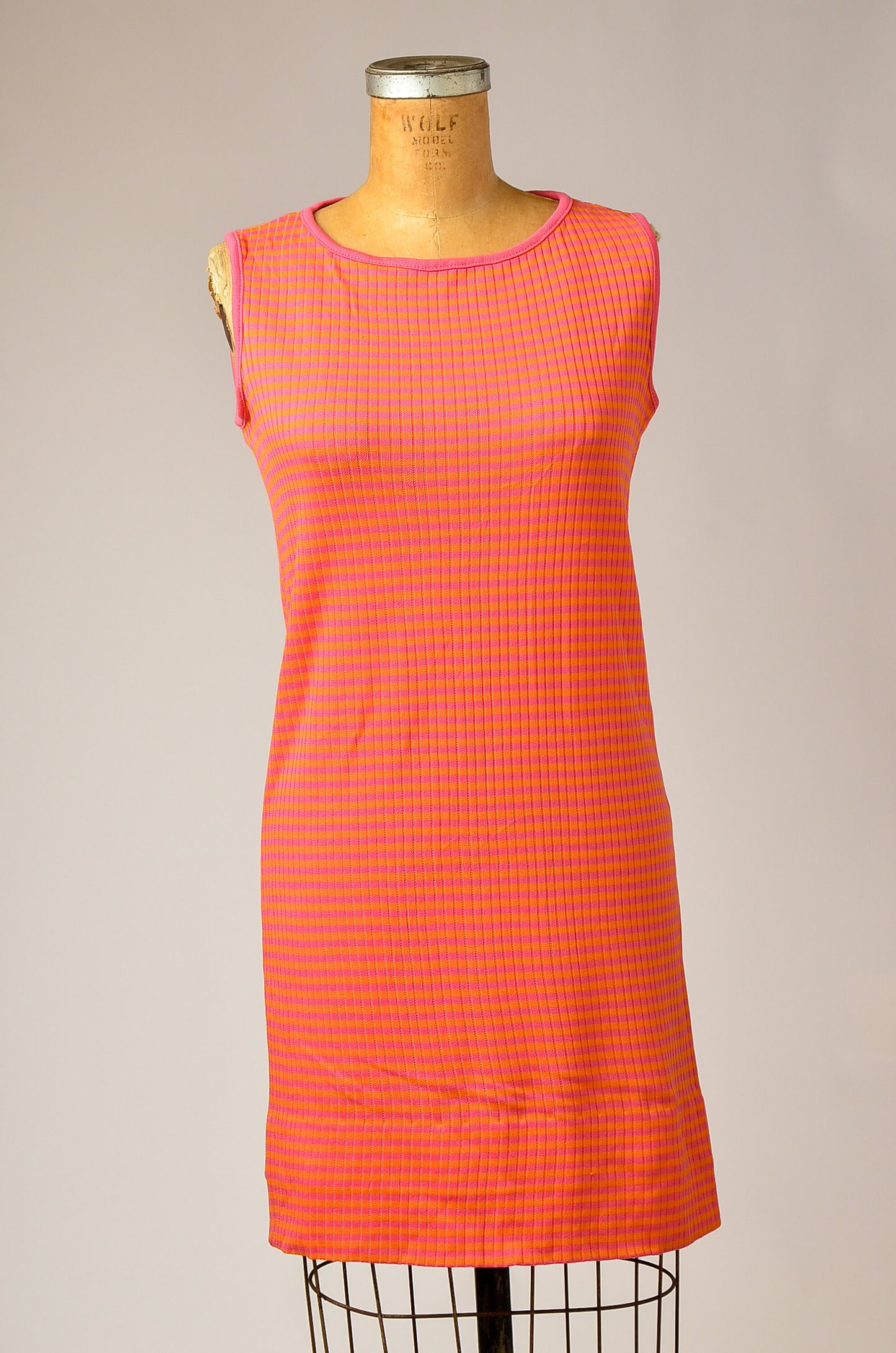 1960s Neon Stripe Dress Sherbet Pink and Orange Mod Soda Shop Dress