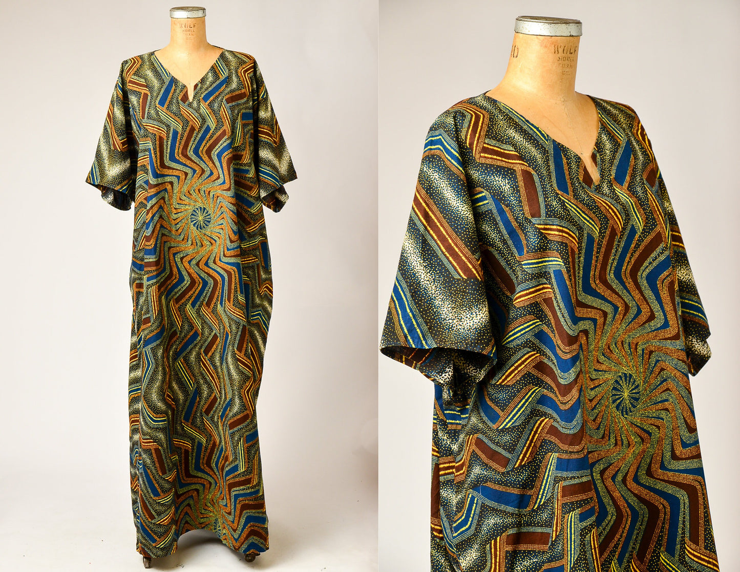 1970s Psychedelic Kaftan Bohemian Style Batik Maxi Dress