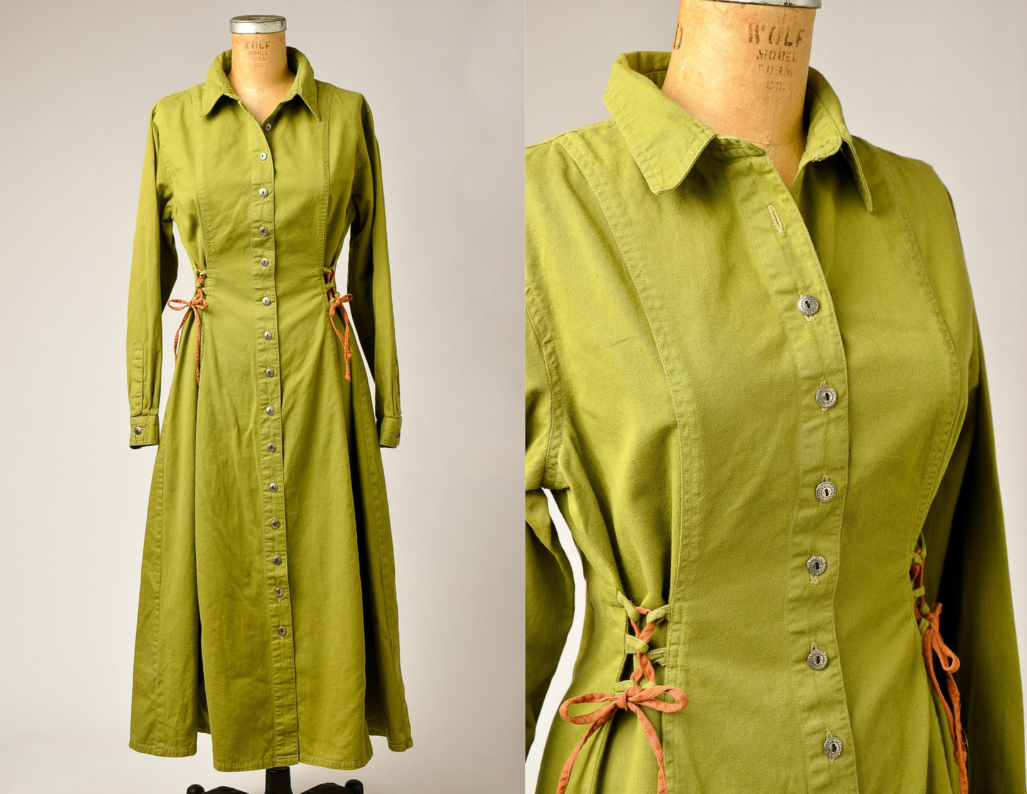 90s Avocado Green Button Down Dress Corset Lace Up Side Forenza Dress