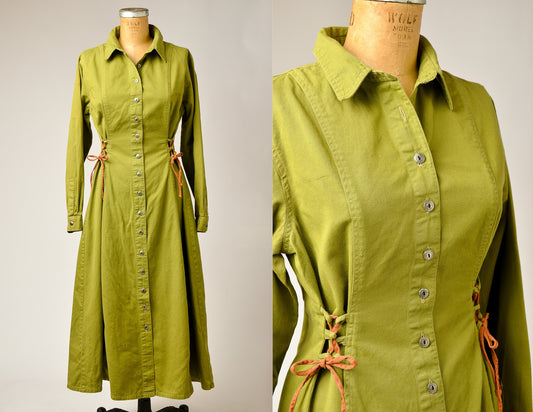 90s Avocado Green Button Down Dress Corset Lace Up Side Forenza Dress