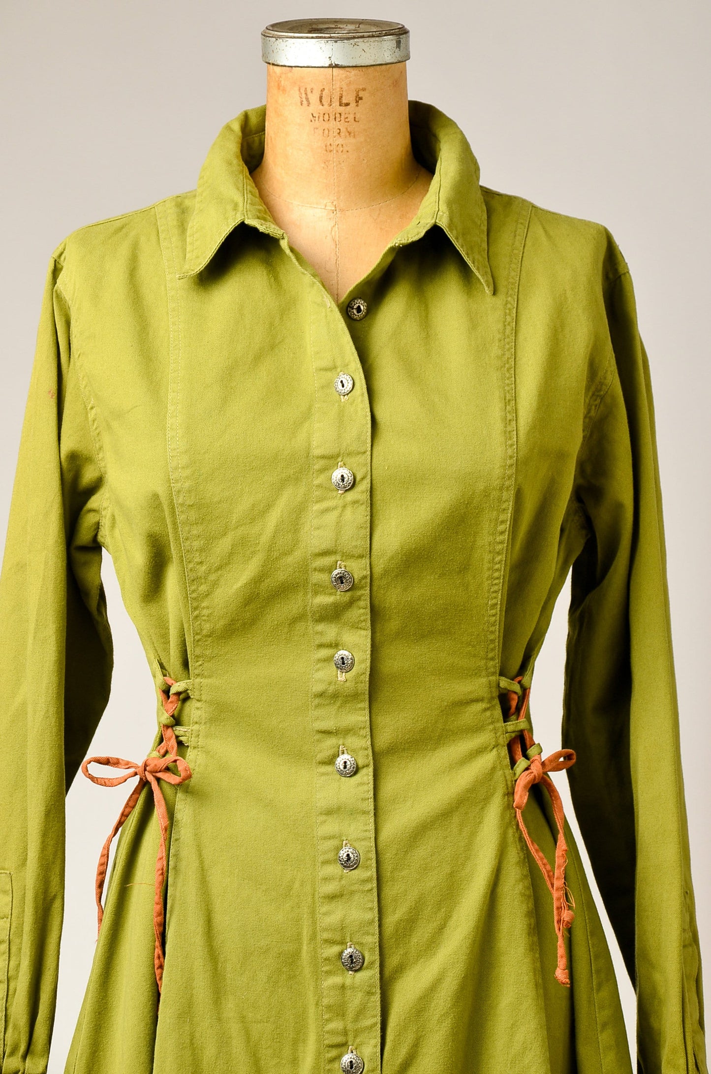 90s Avocado Green Button Down Dress Corset Lace Up Side Forenza Dress