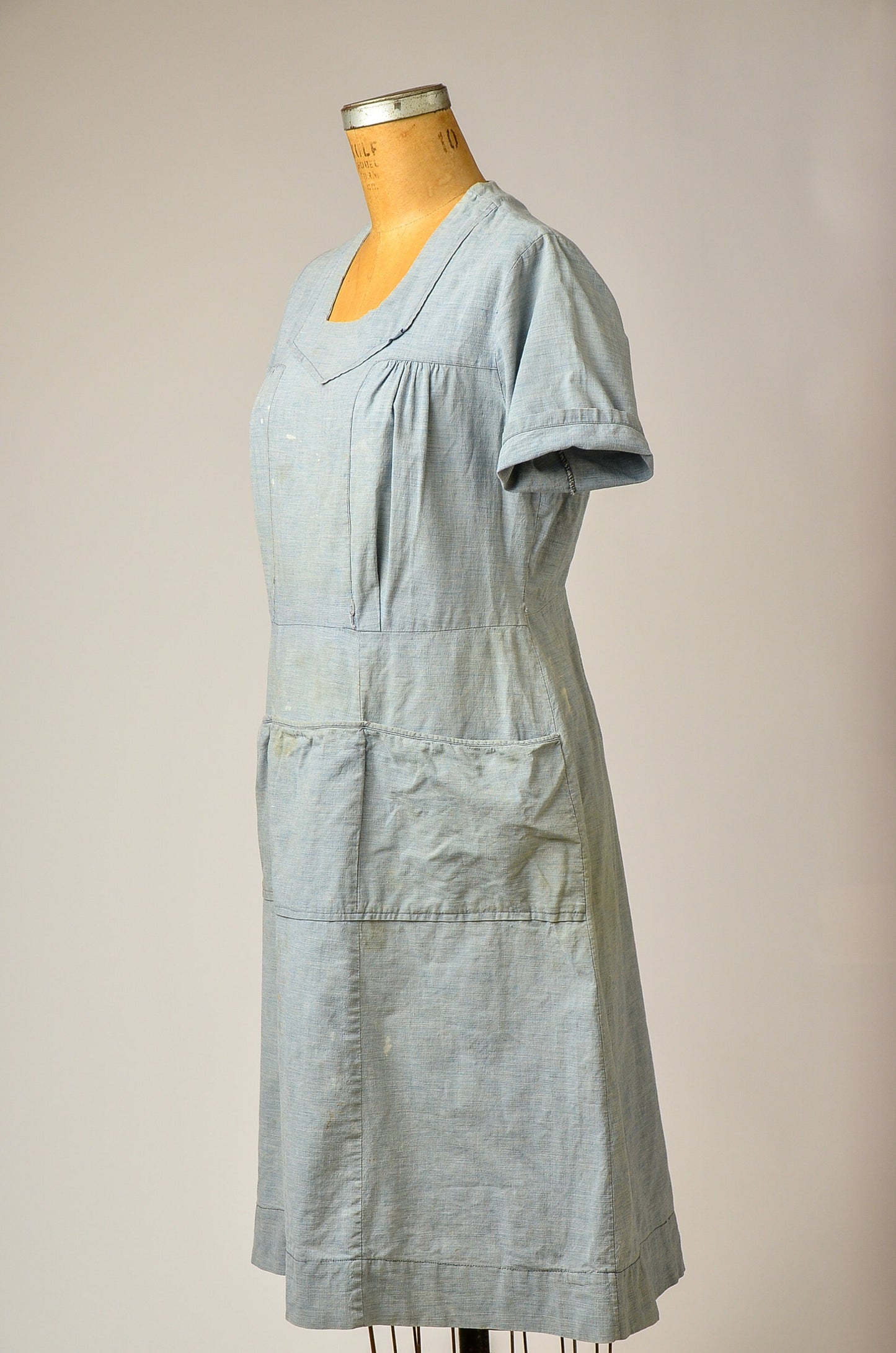 1920s French Denim Work Dress Light Indigo Woven Cotton Chore Dress