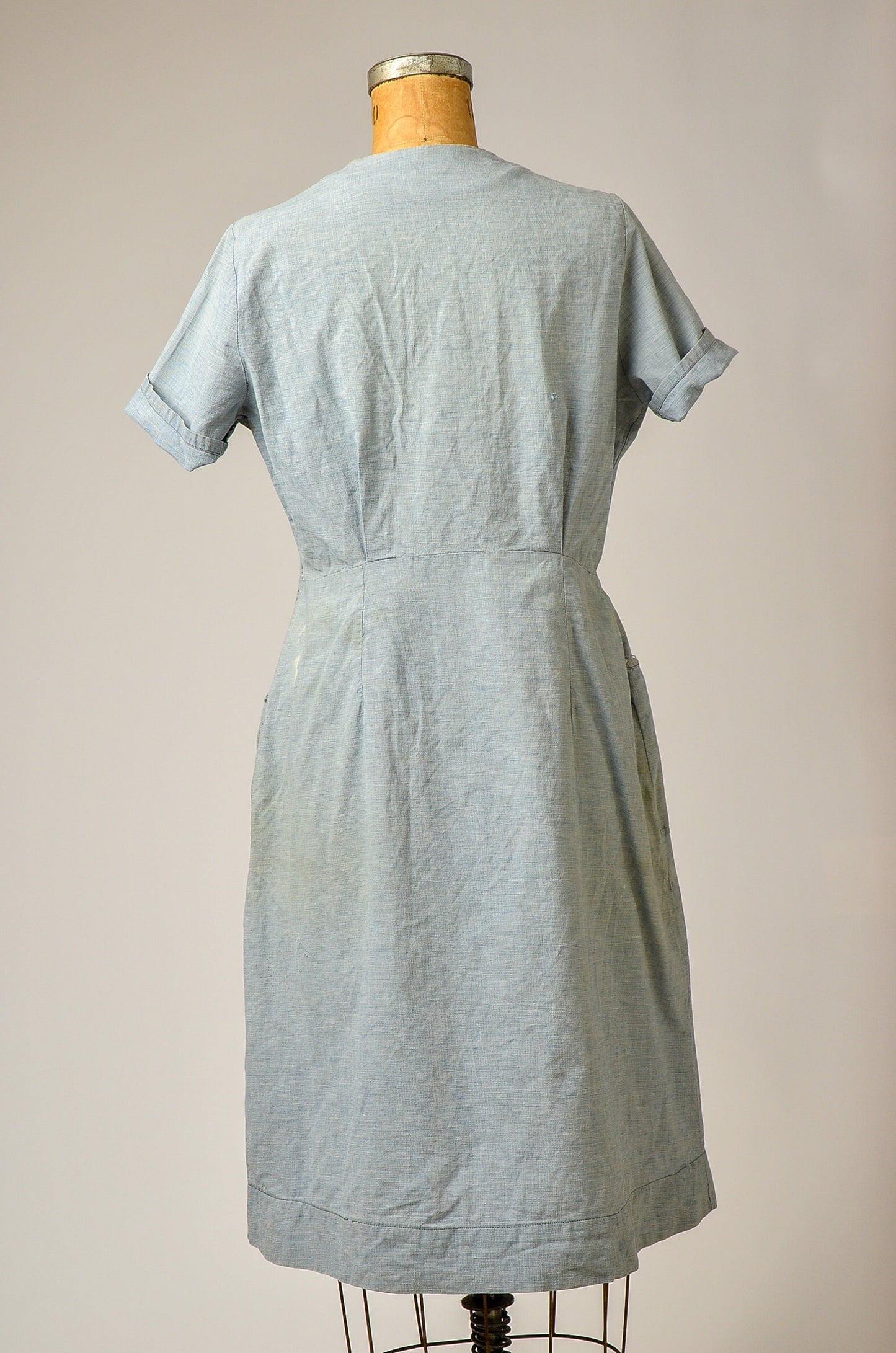 1920s French Denim Work Dress Light Indigo Woven Cotton Chore Dress