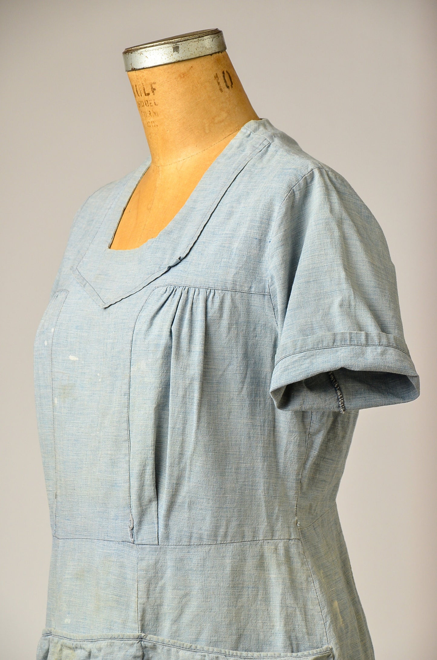 1920s French Denim Work Dress Light Indigo Woven Cotton Chore Dress