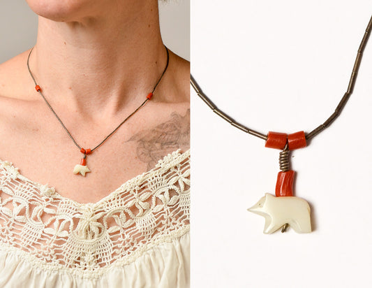 Vintage Fetish Necklace Mother of Pearl Bear with Coral Necklace