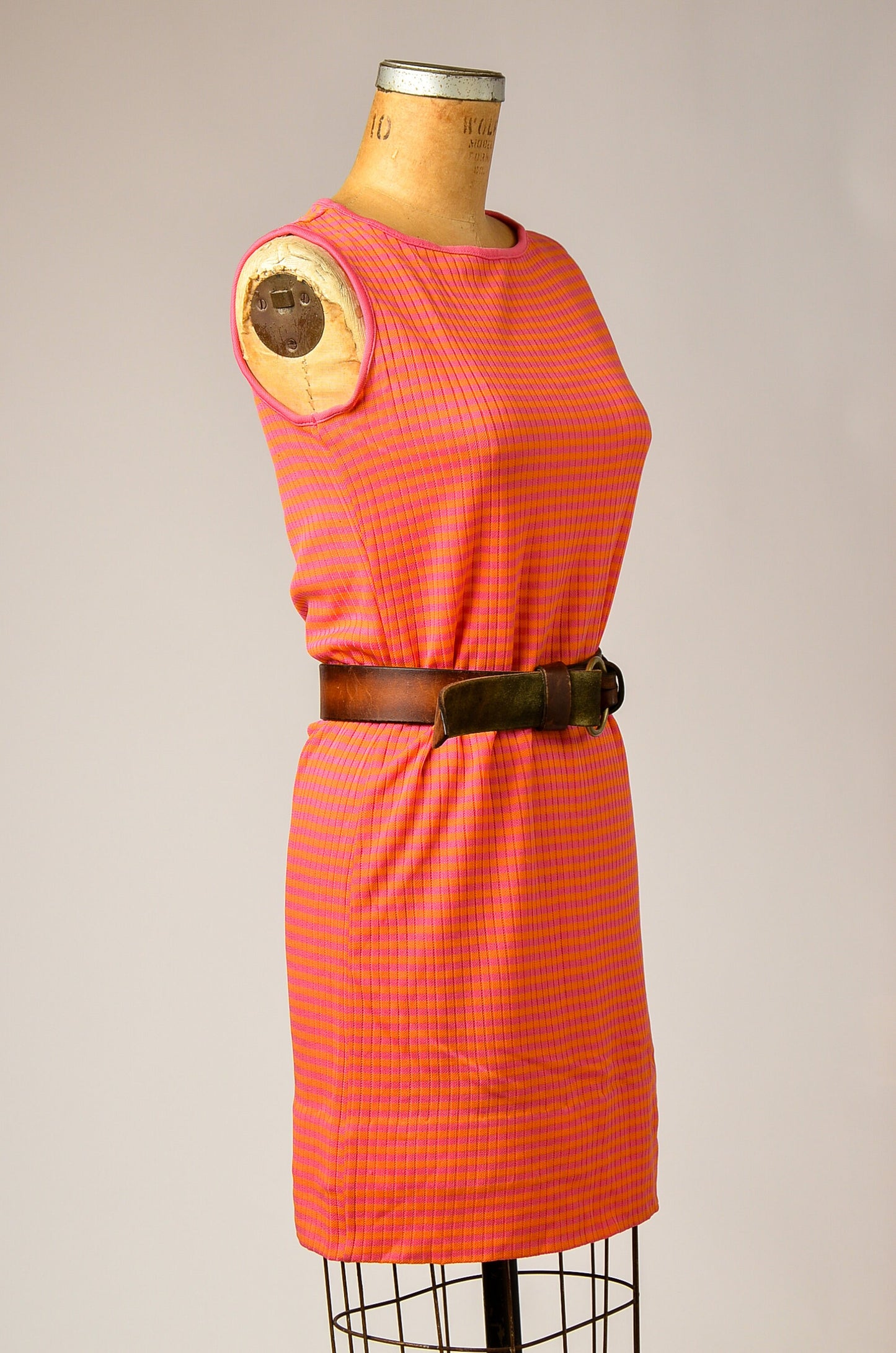 1960s Neon Stripe Dress Sherbet Pink and Orange Mod Soda Shop Dress