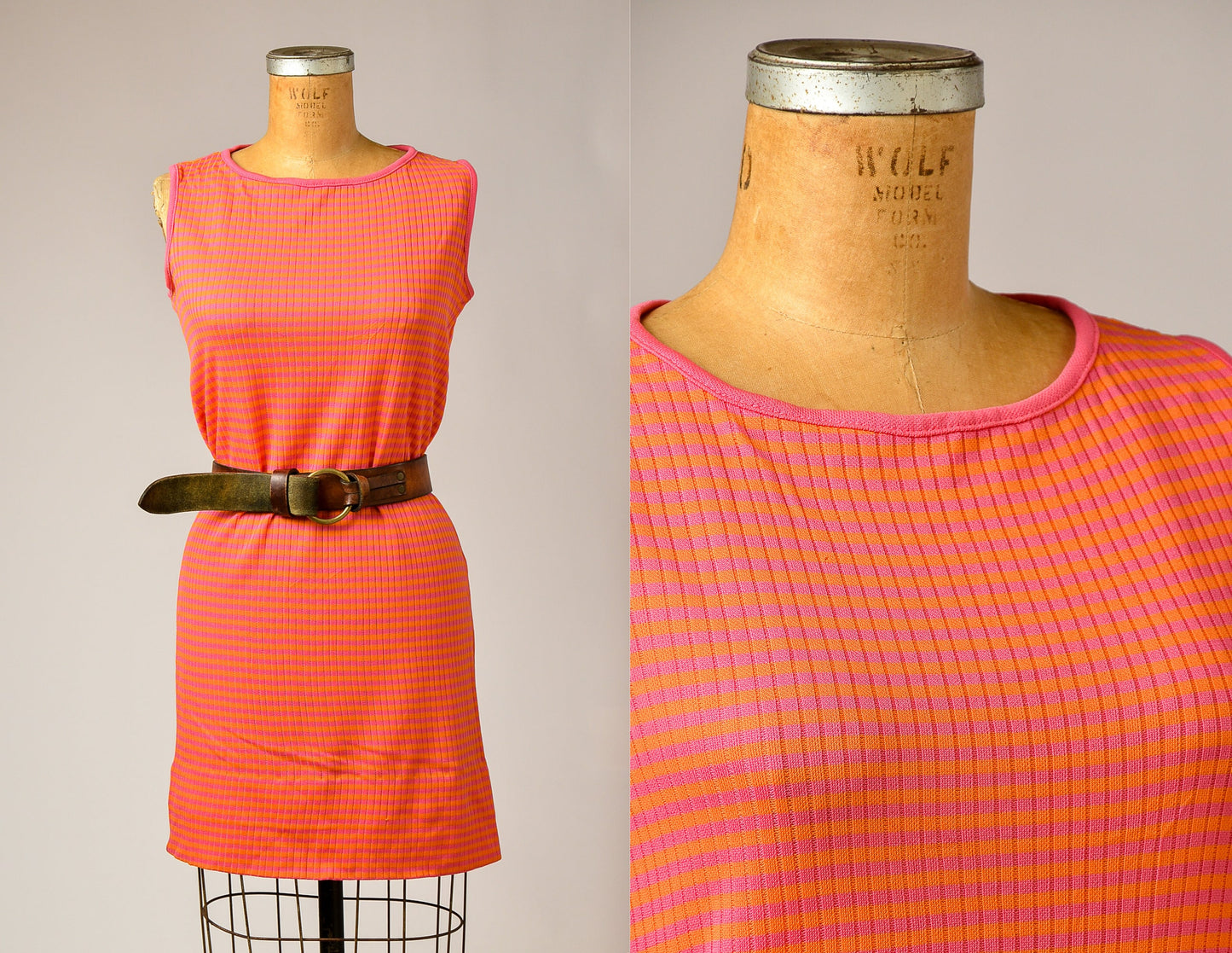 1960s Neon Stripe Dress Sherbet Pink and Orange Mod Soda Shop Dress