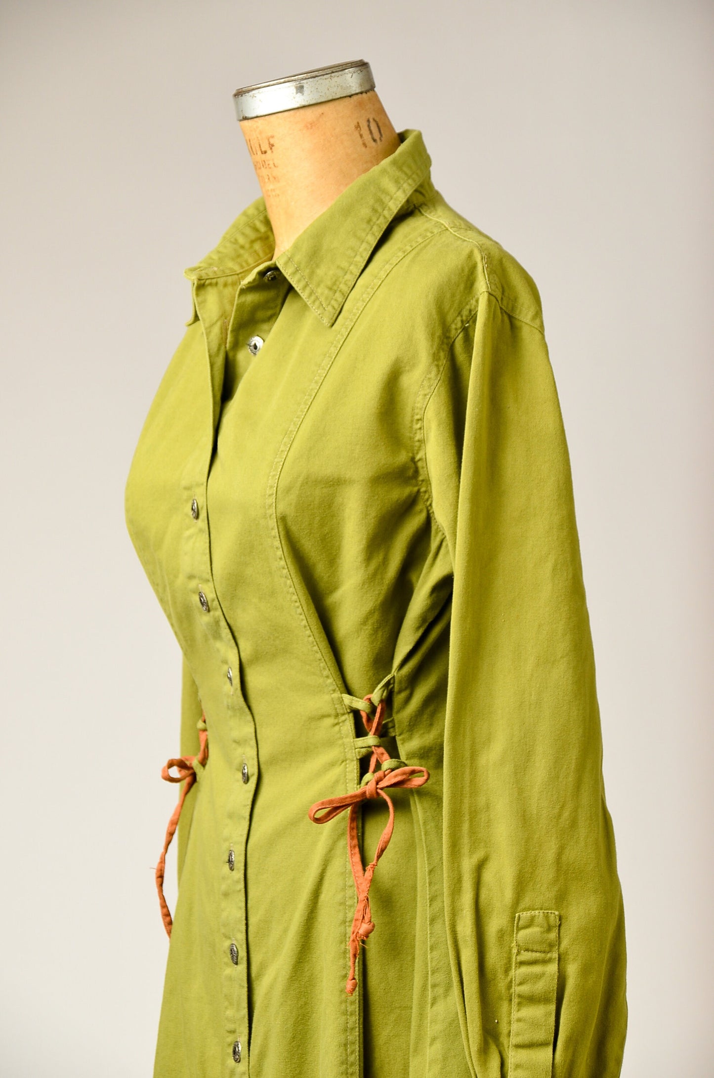 90s Avocado Green Button Down Dress Corset Lace Up Side Forenza Dress