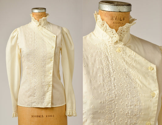 1970s Victorian Revival Gunne Style Ivory Cotton and Lace Button Up Bohemian Prairie Blouse