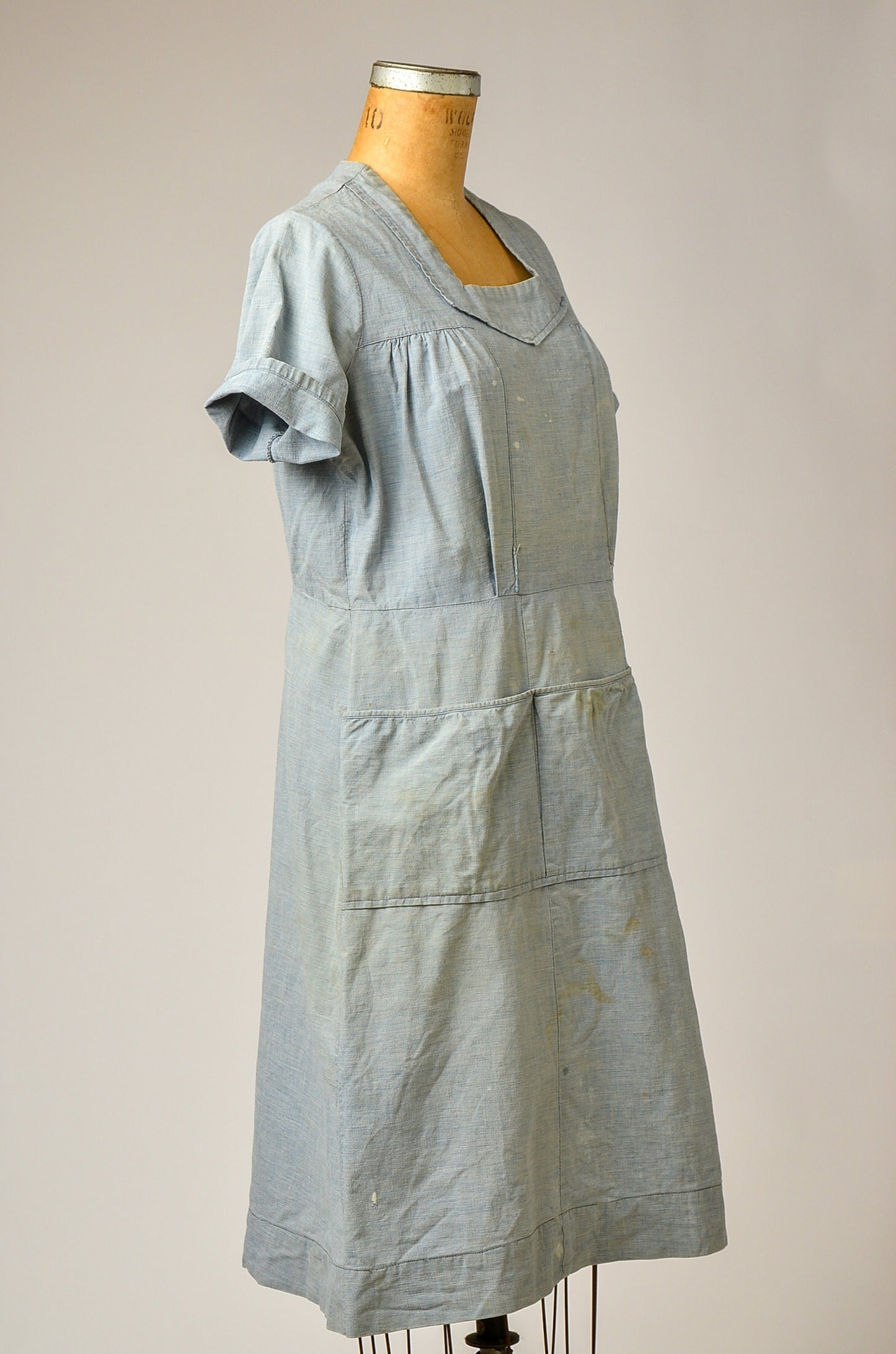 1920s French Denim Work Dress Light Indigo Woven Cotton Chore Dress