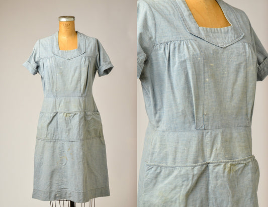 1920s French Denim Work Dress Light Indigo Woven Cotton Chore Dress