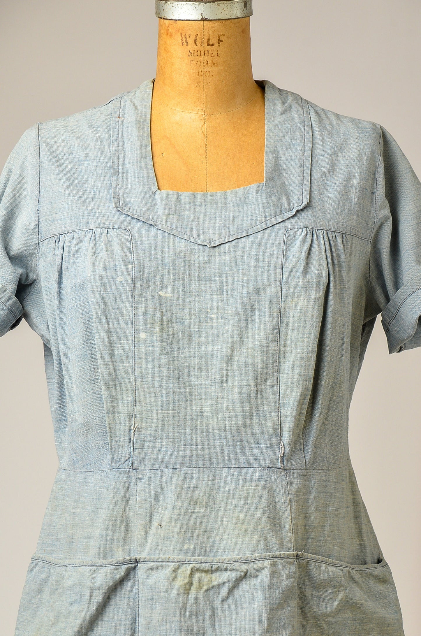 1920s French Denim Work Dress Light Indigo Woven Cotton Chore Dress