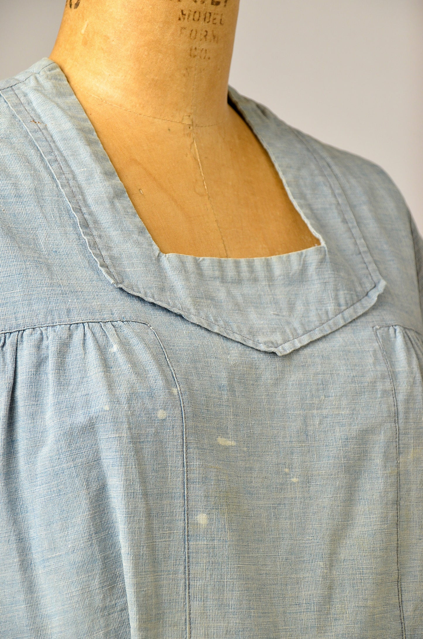 1920s French Denim Work Dress Light Indigo Woven Cotton Chore Dress